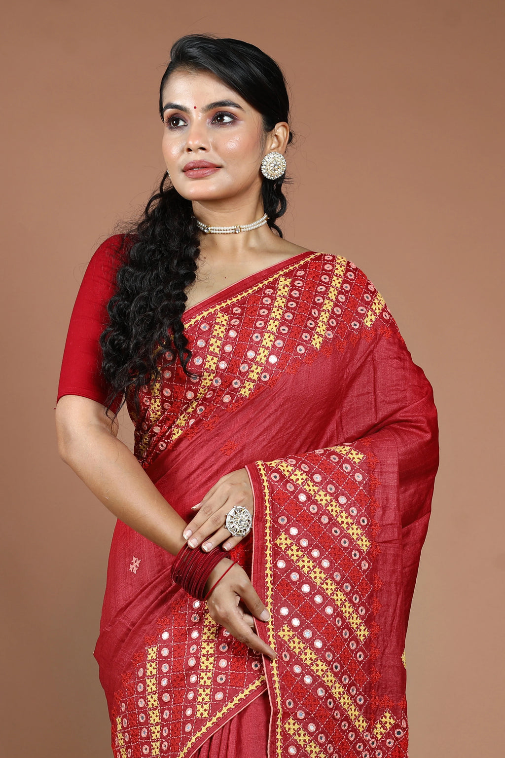 Red Tussar Hand Gujarati Saree With Blouse Piece