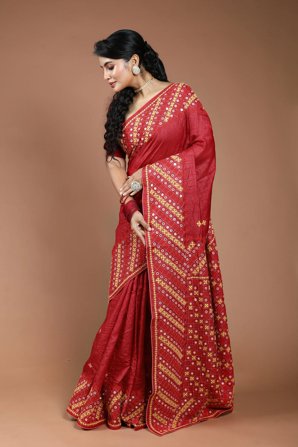 Red Tussar Hand Gujarati Saree With Blouse Piece