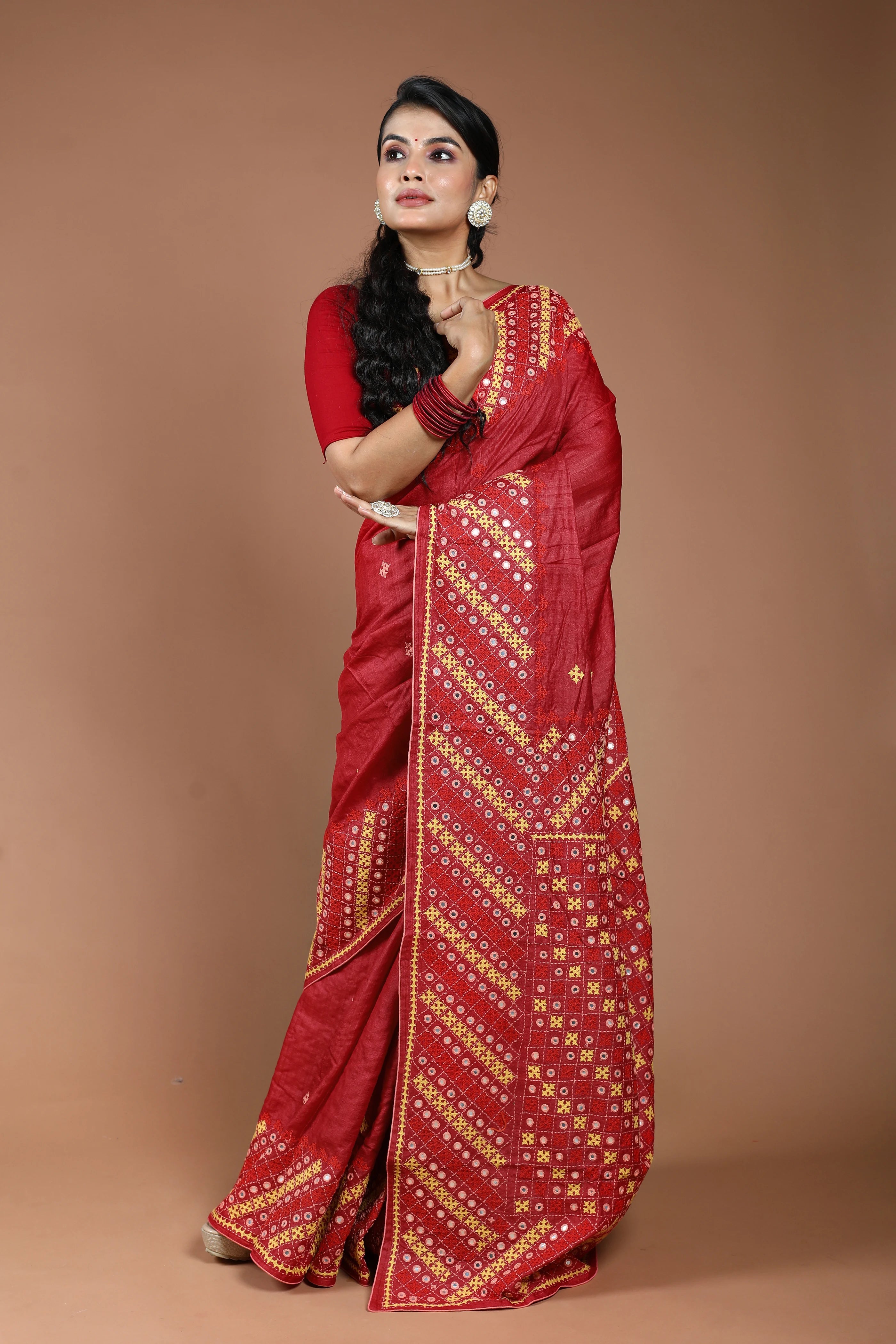 Red Tussar Hand Gujarati Saree With Blouse Piece