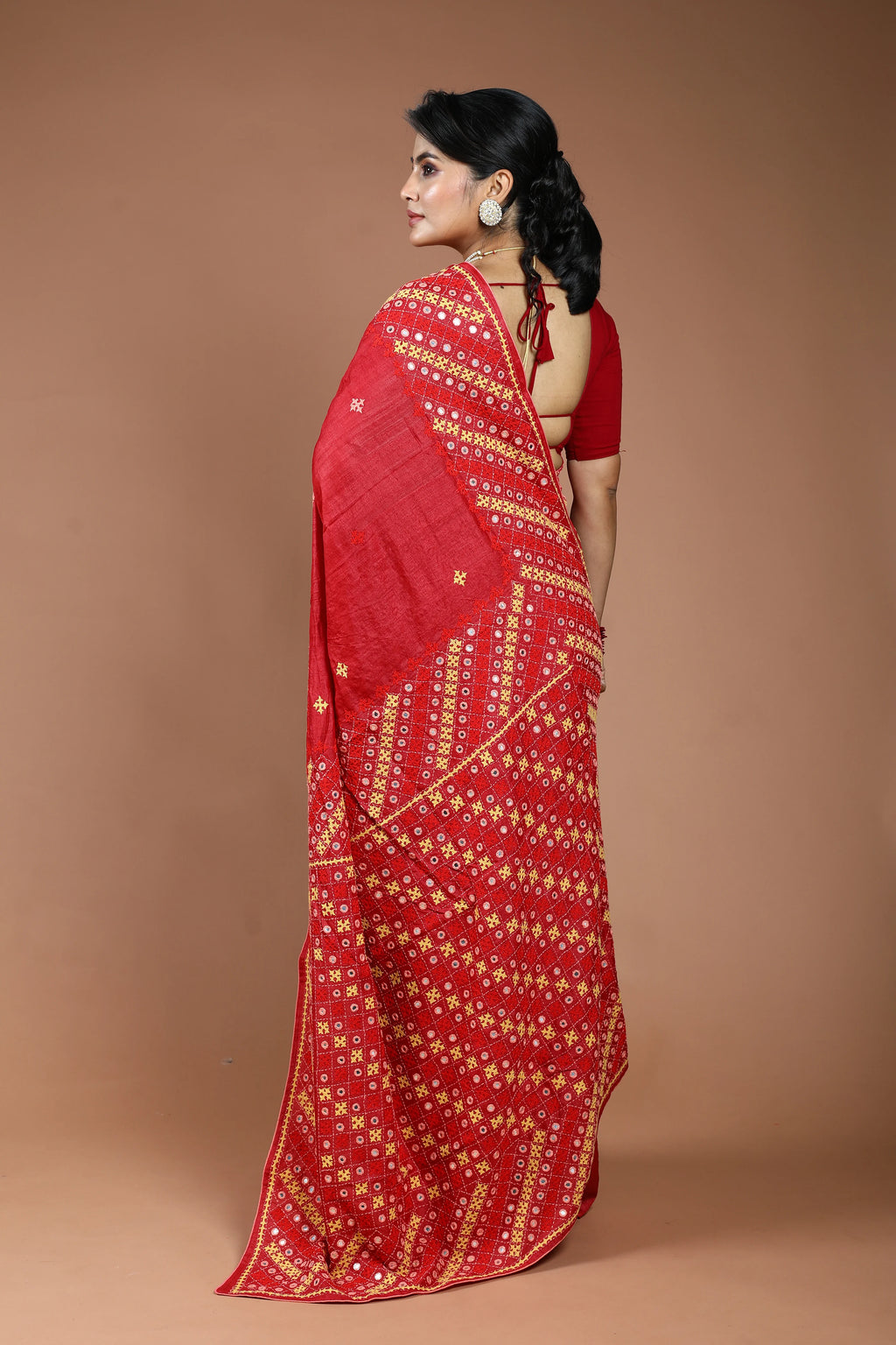 Red Tussar Hand Gujarati Saree With Blouse Piece
