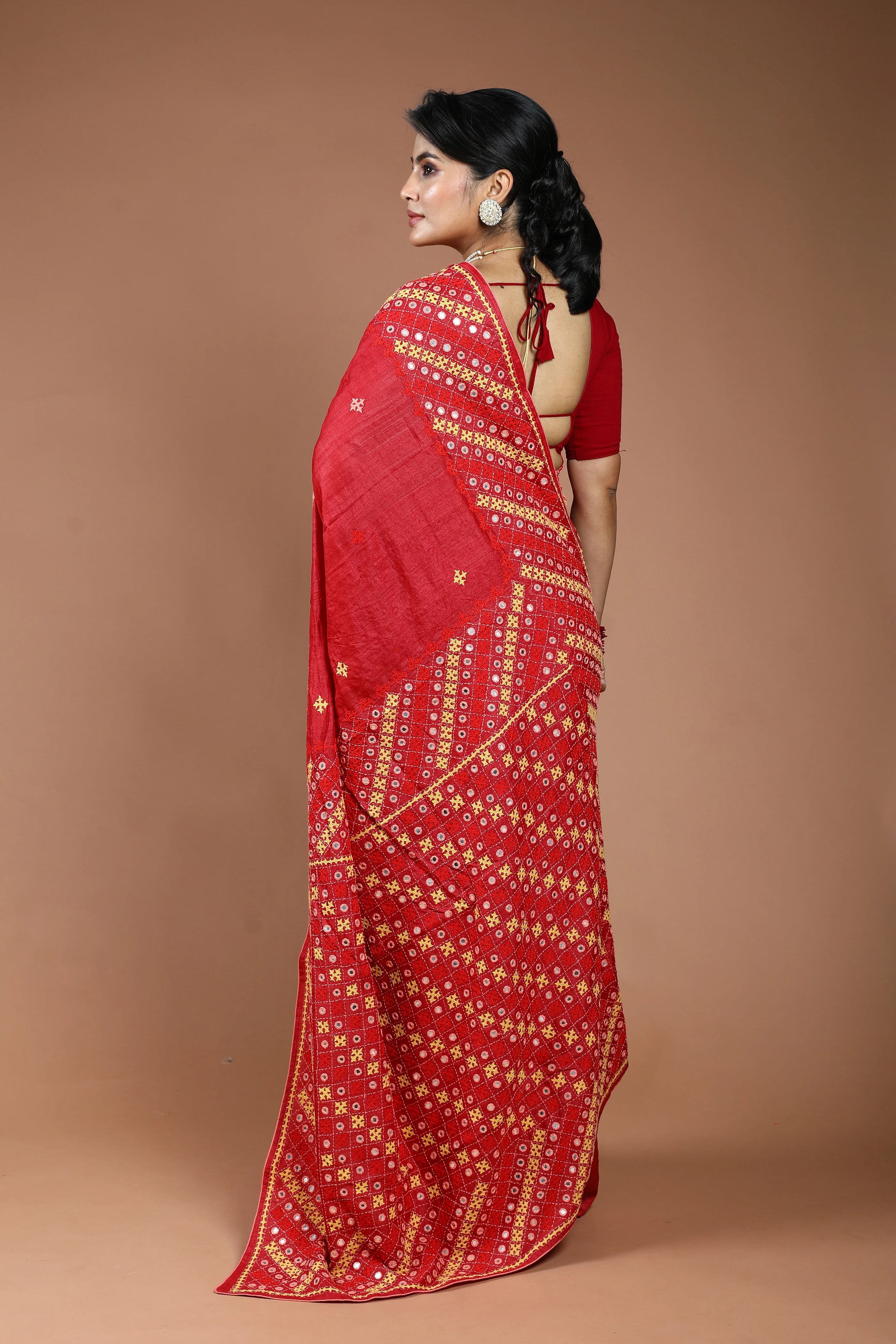 Red Tussar Hand Gujarati Saree With Blouse Piece