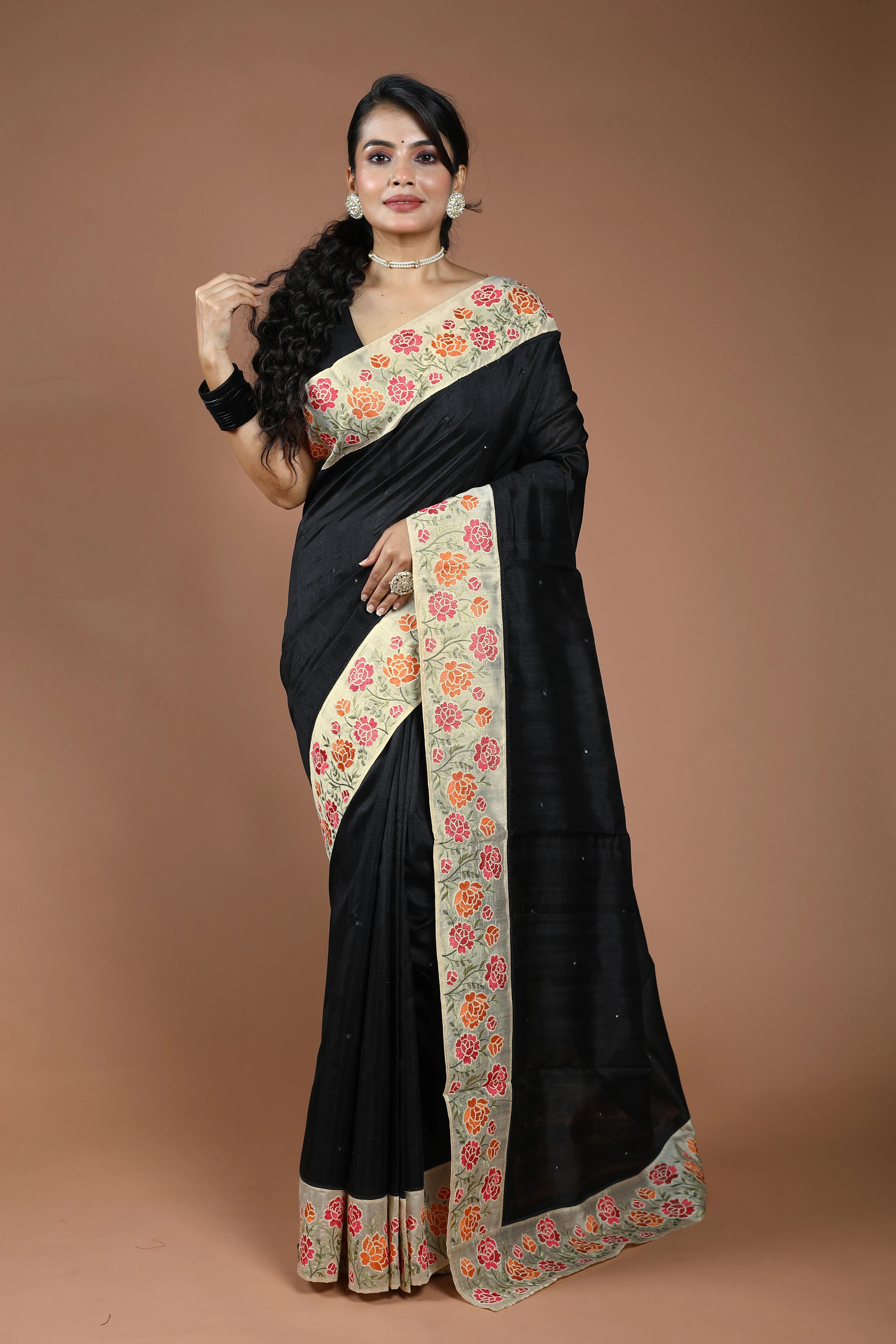 Black Semi Tussar Embroidery Saree With Blouse Piece