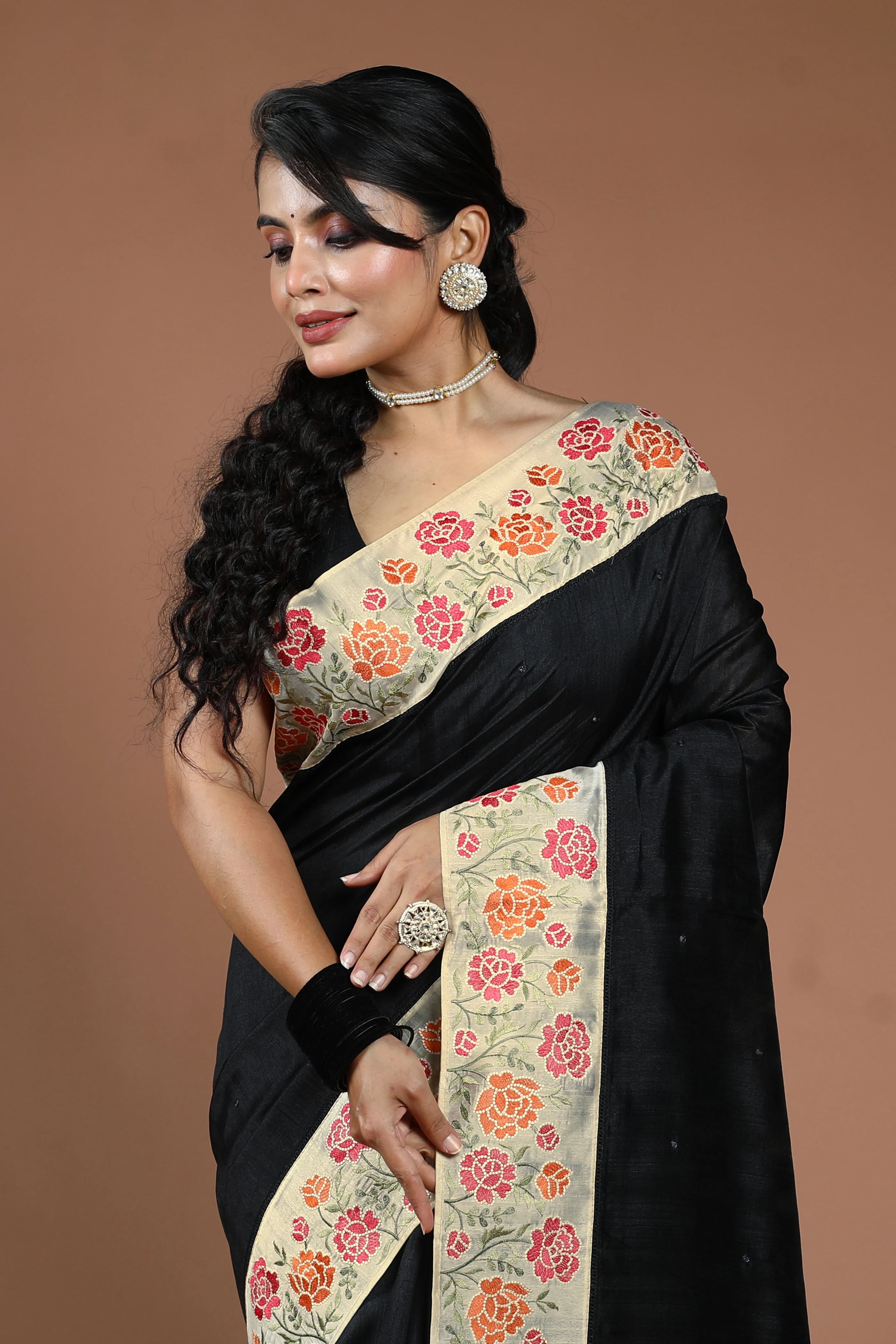 Black Semi Tussar Embroidery Saree With Blouse Piece