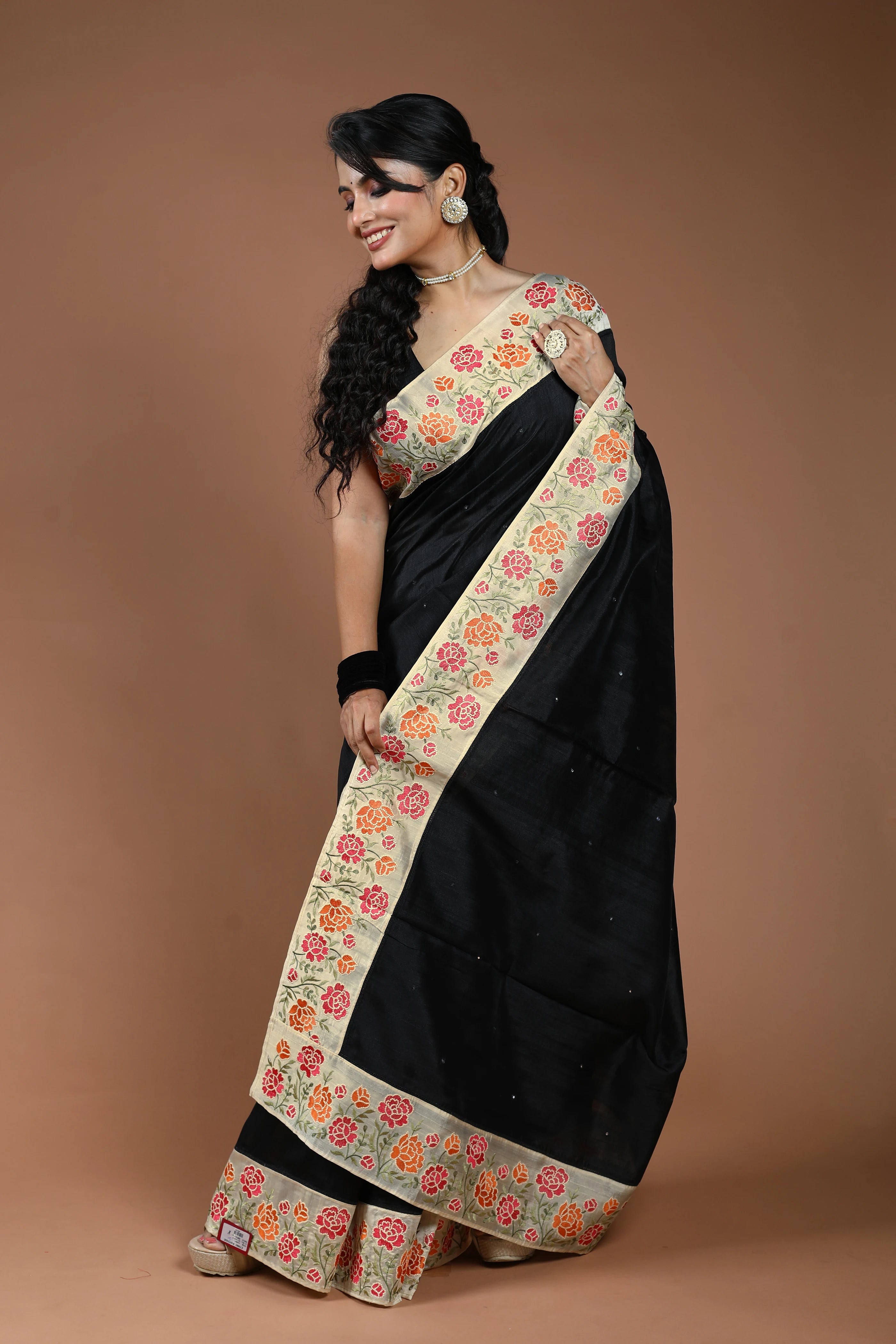 Black Semi Tussar Embroidery Saree With Blouse Piece