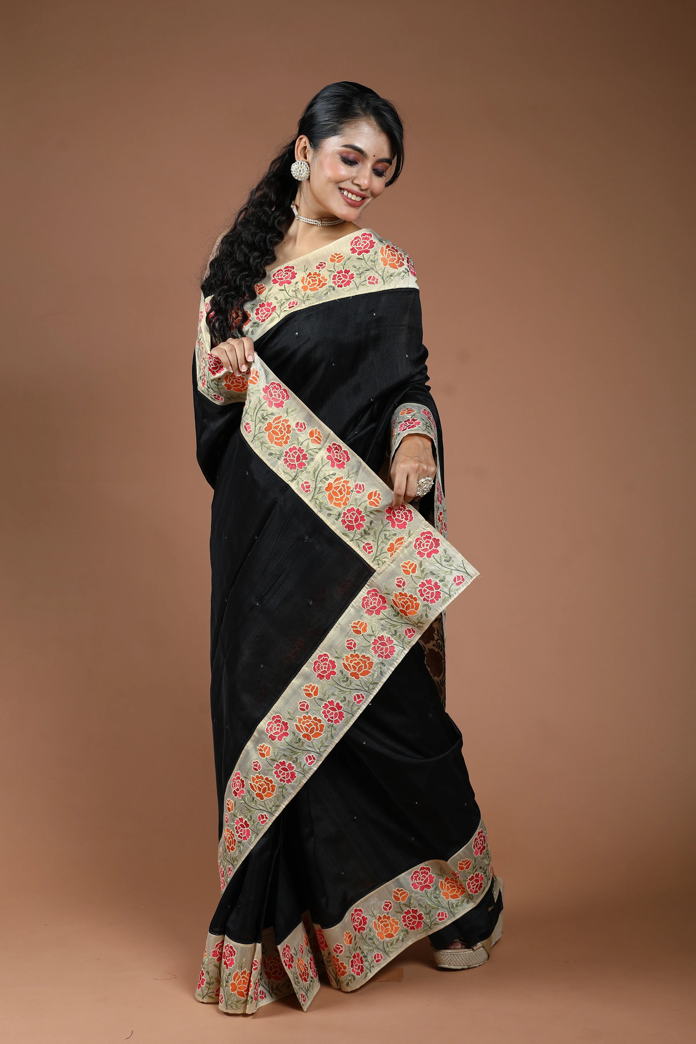 Black Semi Tussar Embroidery Saree With Blouse Piece