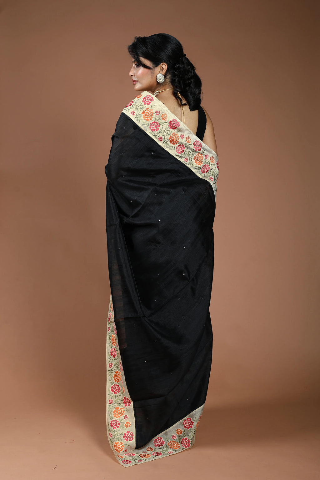 Black Semi Tussar Embroidery Saree With Blouse Piece