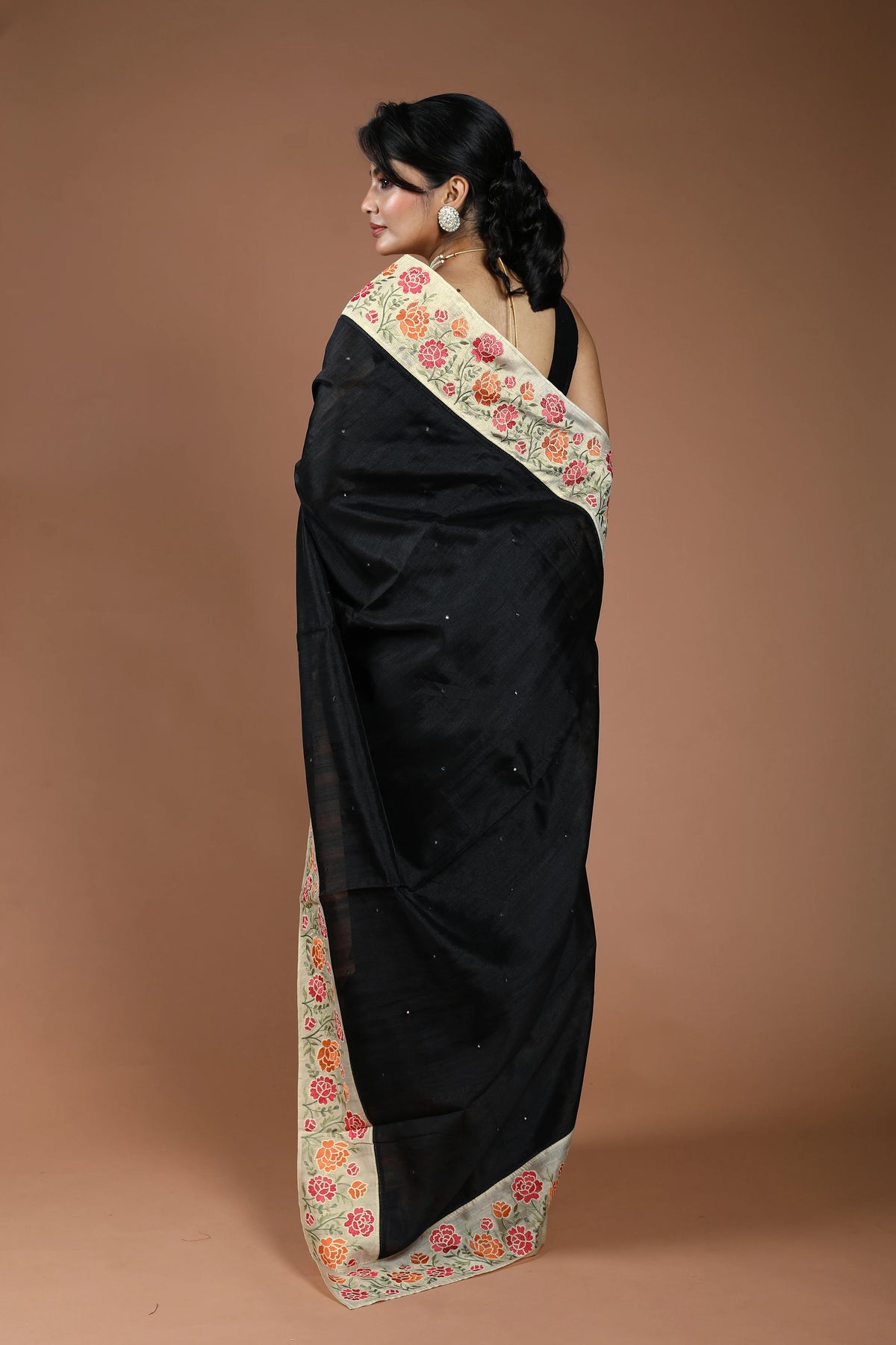 Black Semi Tussar Embroidery Saree With Blouse Piece