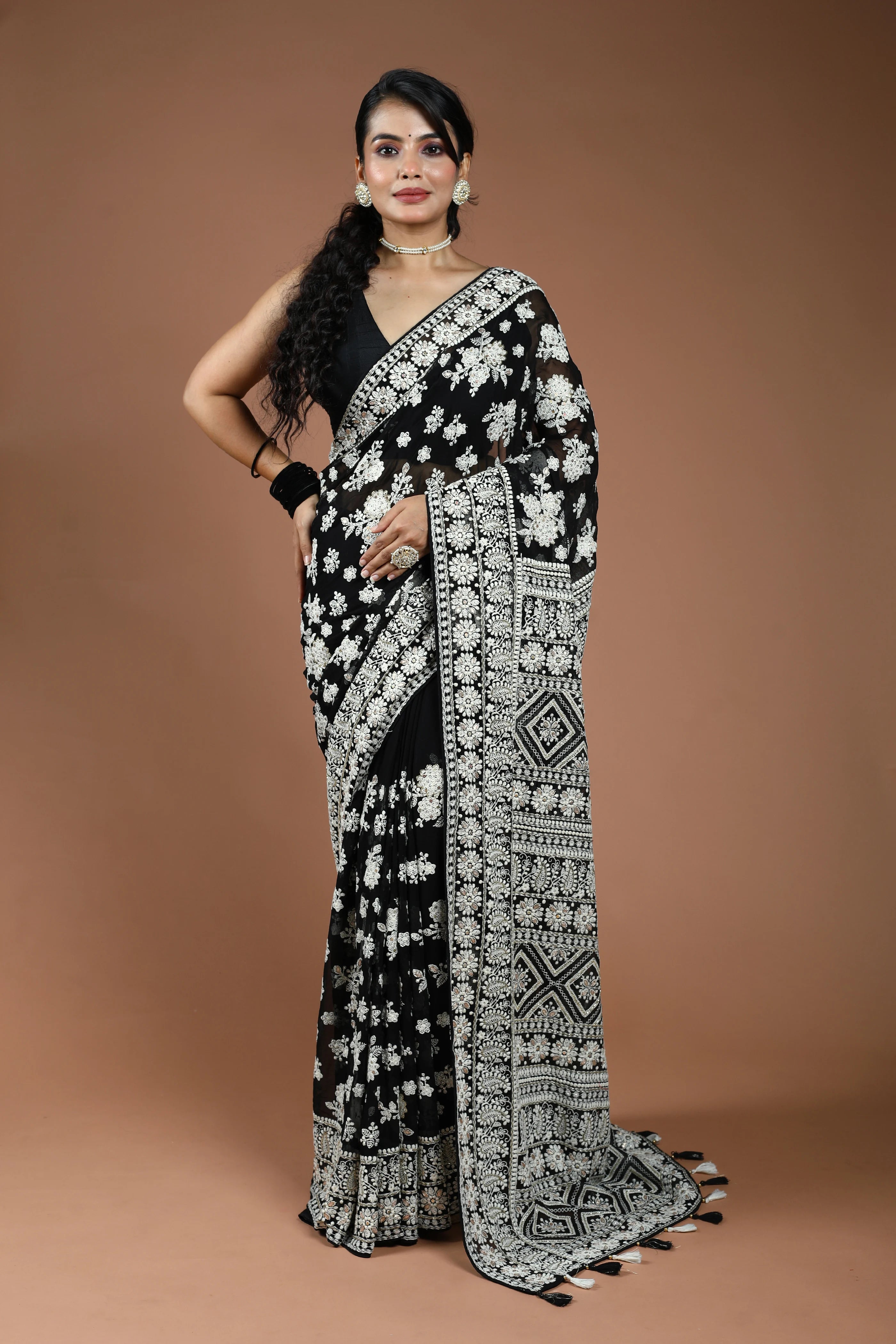 Black Chikankari Chikankari Saree With Blouse Piece