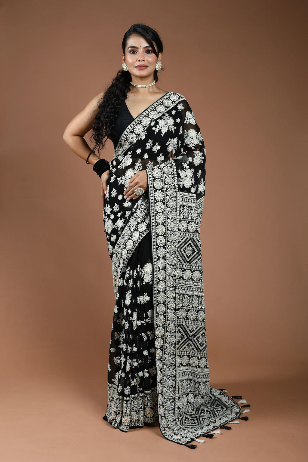 Black Chikankari Chikankari Saree With Blouse Piece