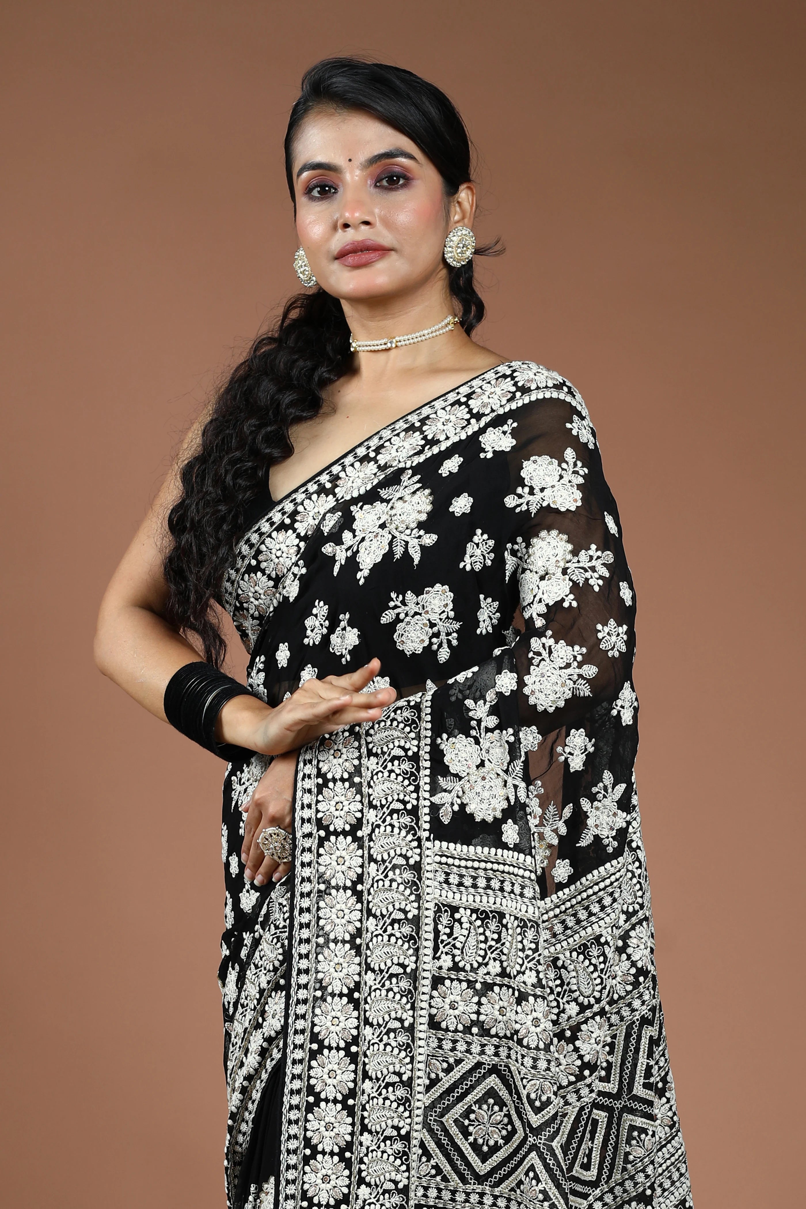 Black Chikankari Chikankari Saree With Blouse Piece