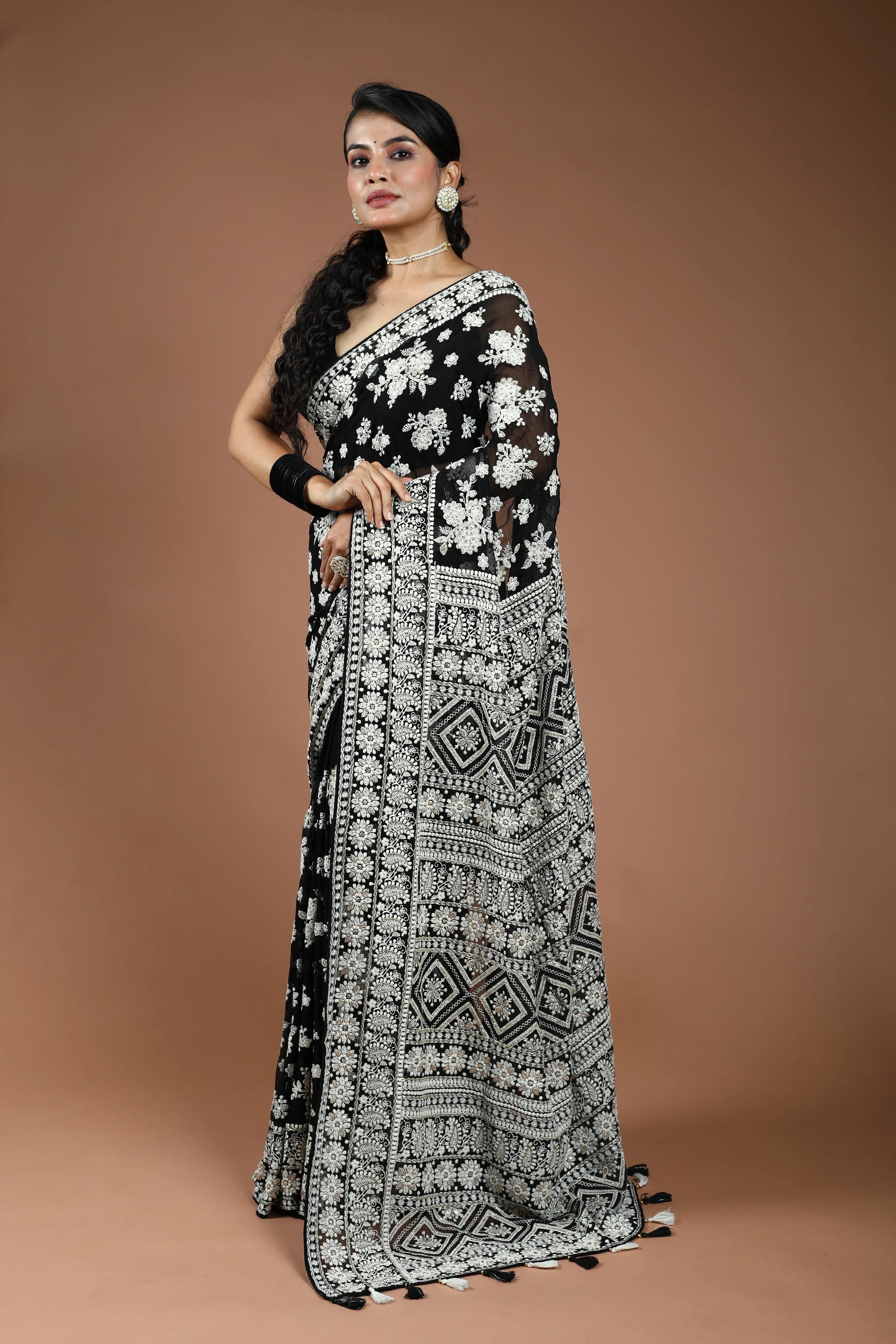Black Chikankari Chikankari Saree With Blouse Piece