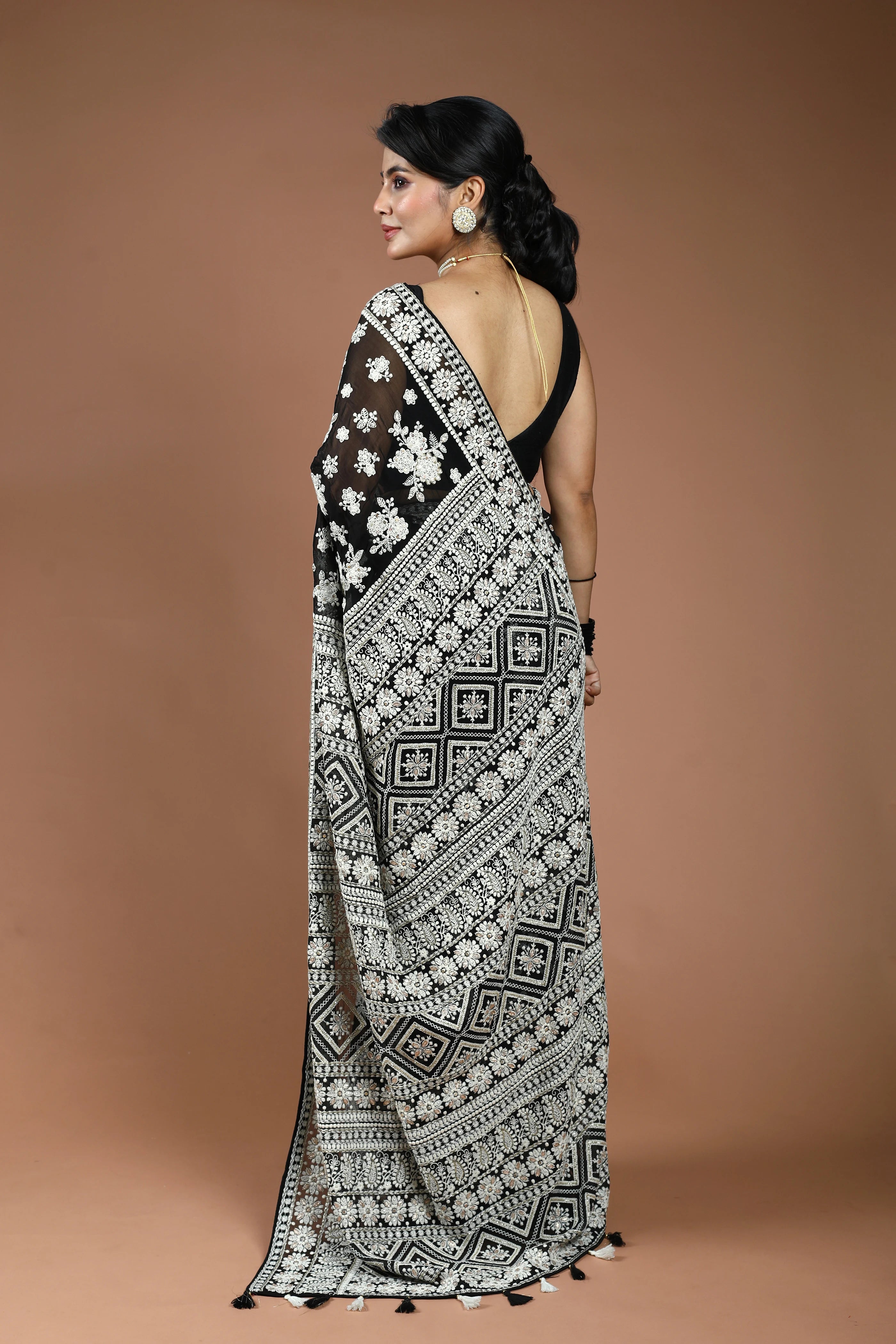 Black Chikankari Chikankari Saree With Blouse Piece