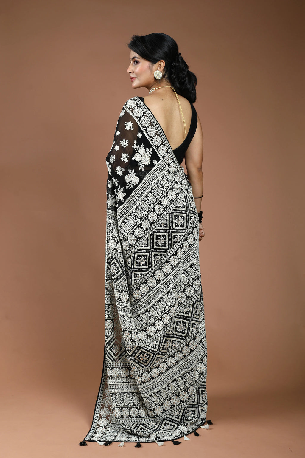 Black Chikankari Chikankari Saree With Blouse Piece