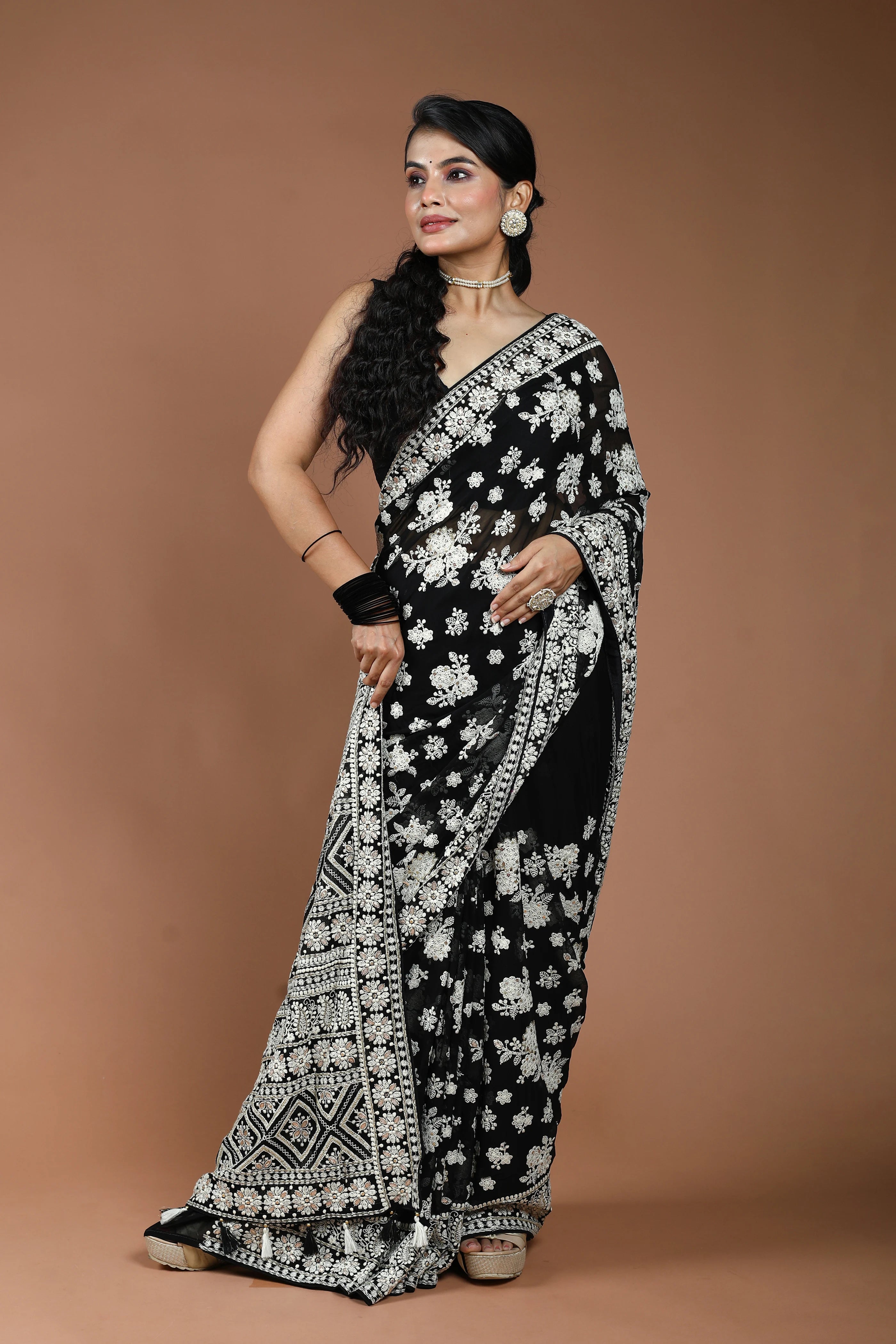 Black Chikankari Chikankari Saree With Blouse Piece