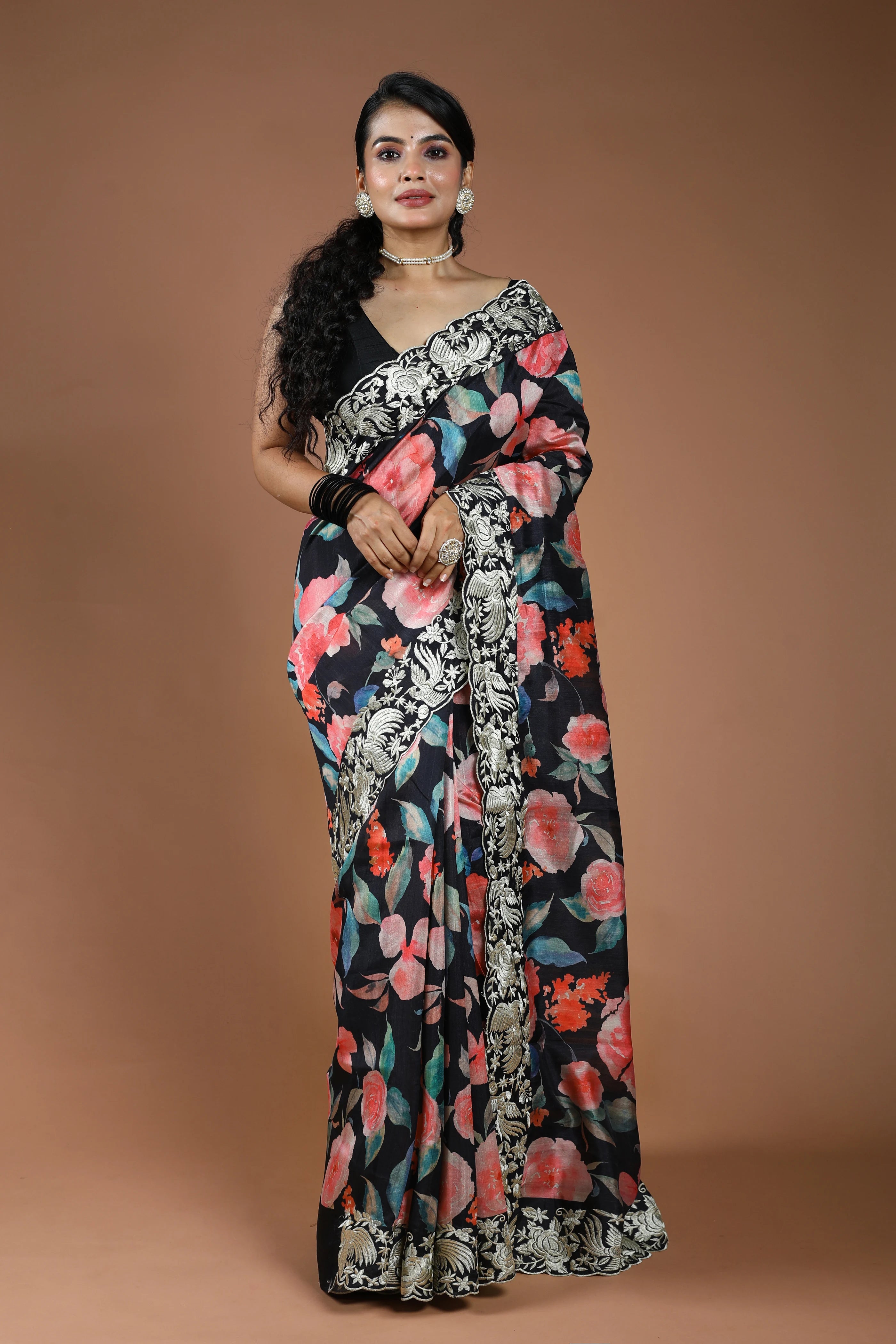Black Semi Tussar Digitalprint Saree With Blouse Piece