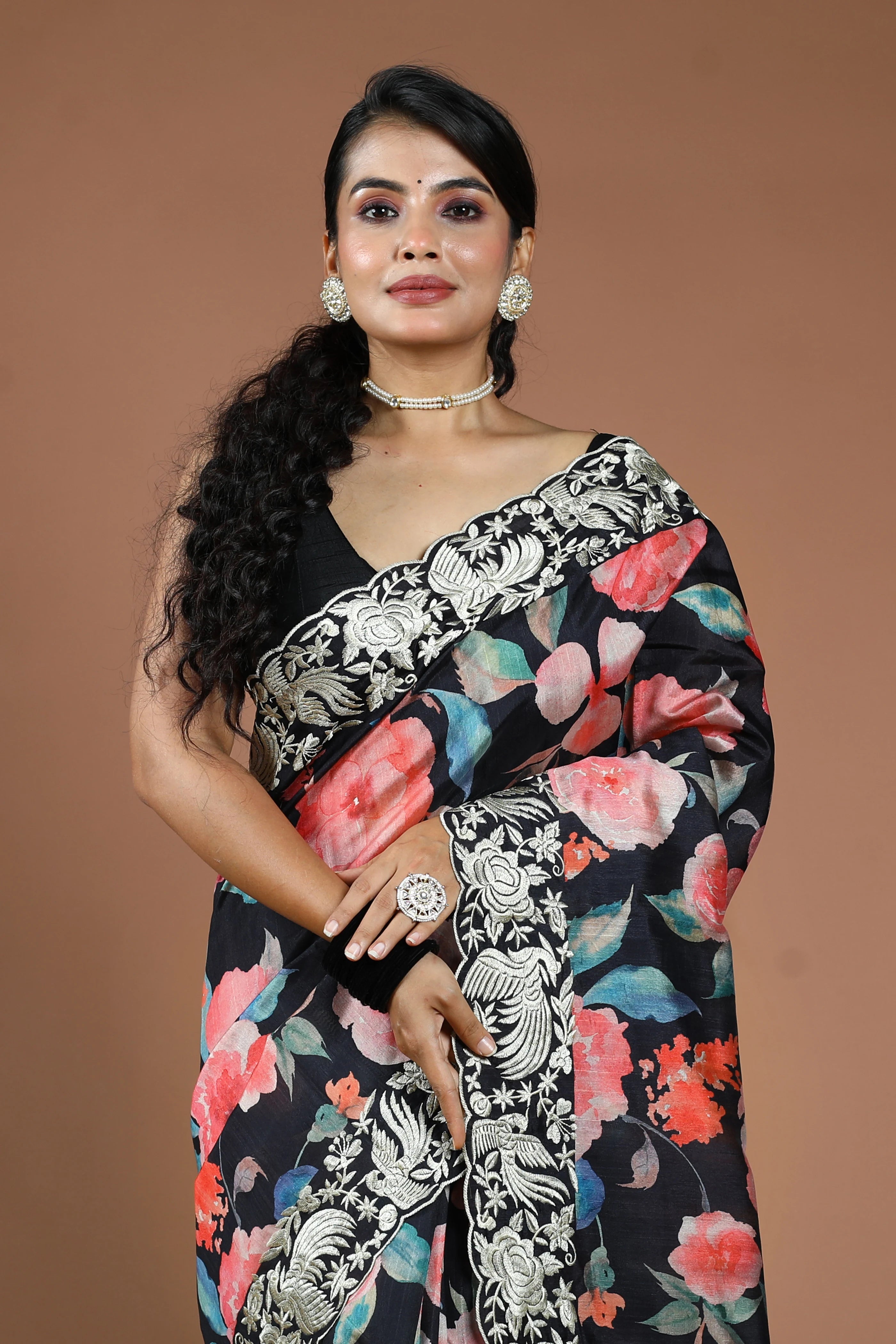 Black Semi Tussar Digitalprint Saree With Blouse Piece