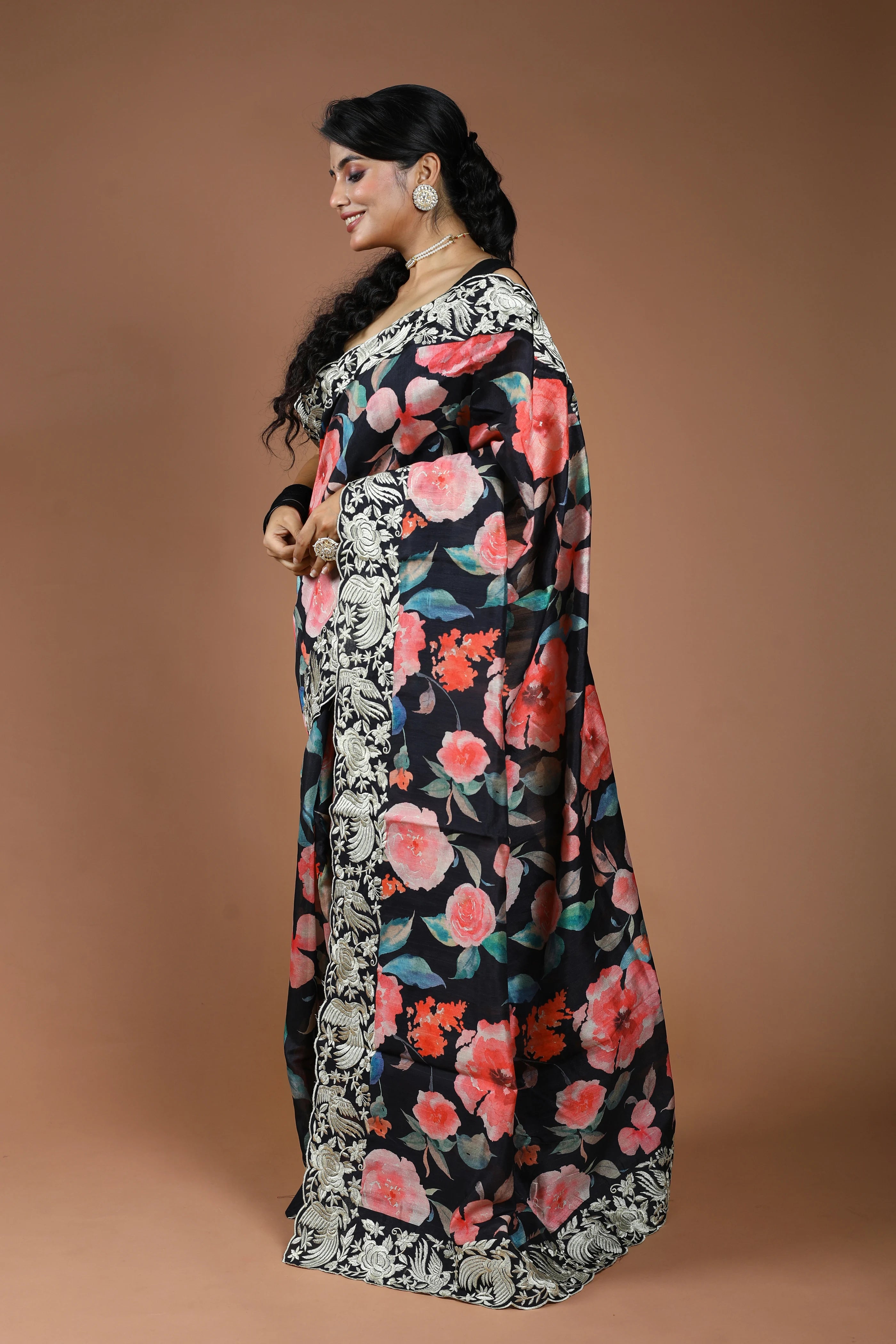 Black Semi Tussar Digitalprint Saree With Blouse Piece