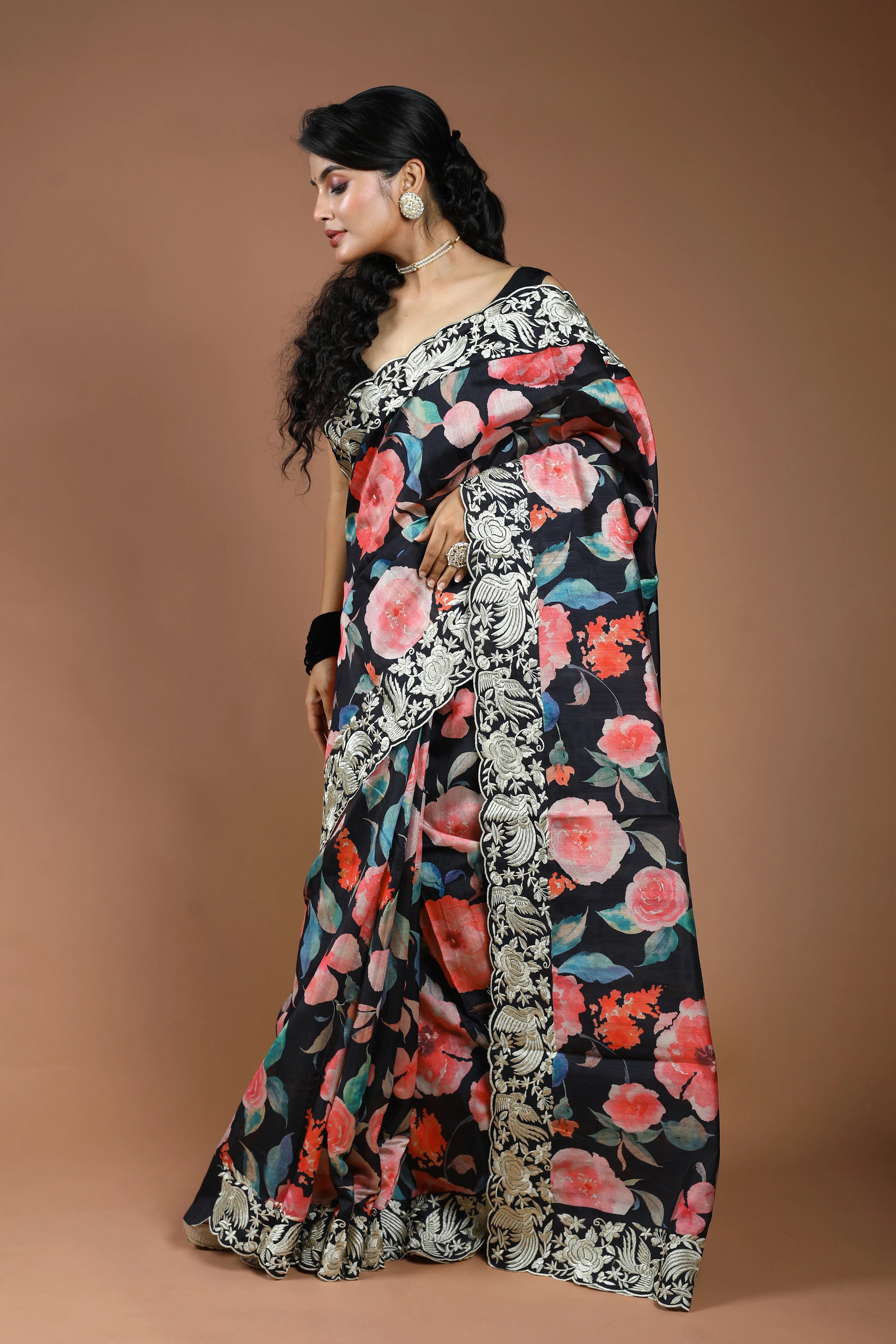 Black Semi Tussar Digitalprint Saree With Blouse Piece