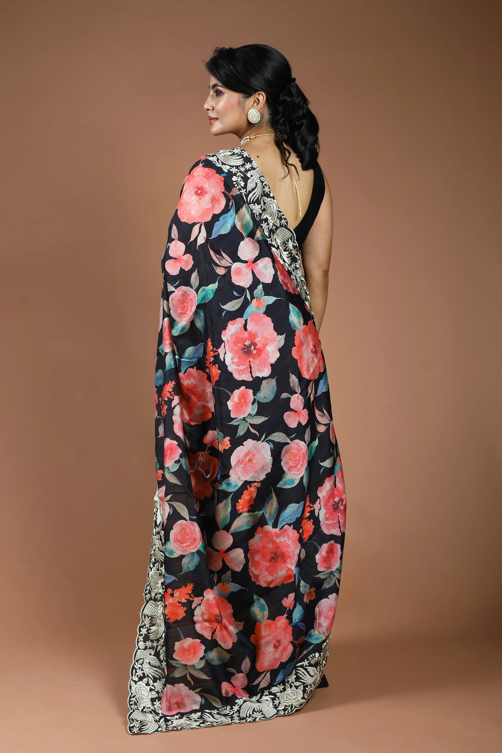 Black Semi Tussar Digital Print Saree With Blouse Piece