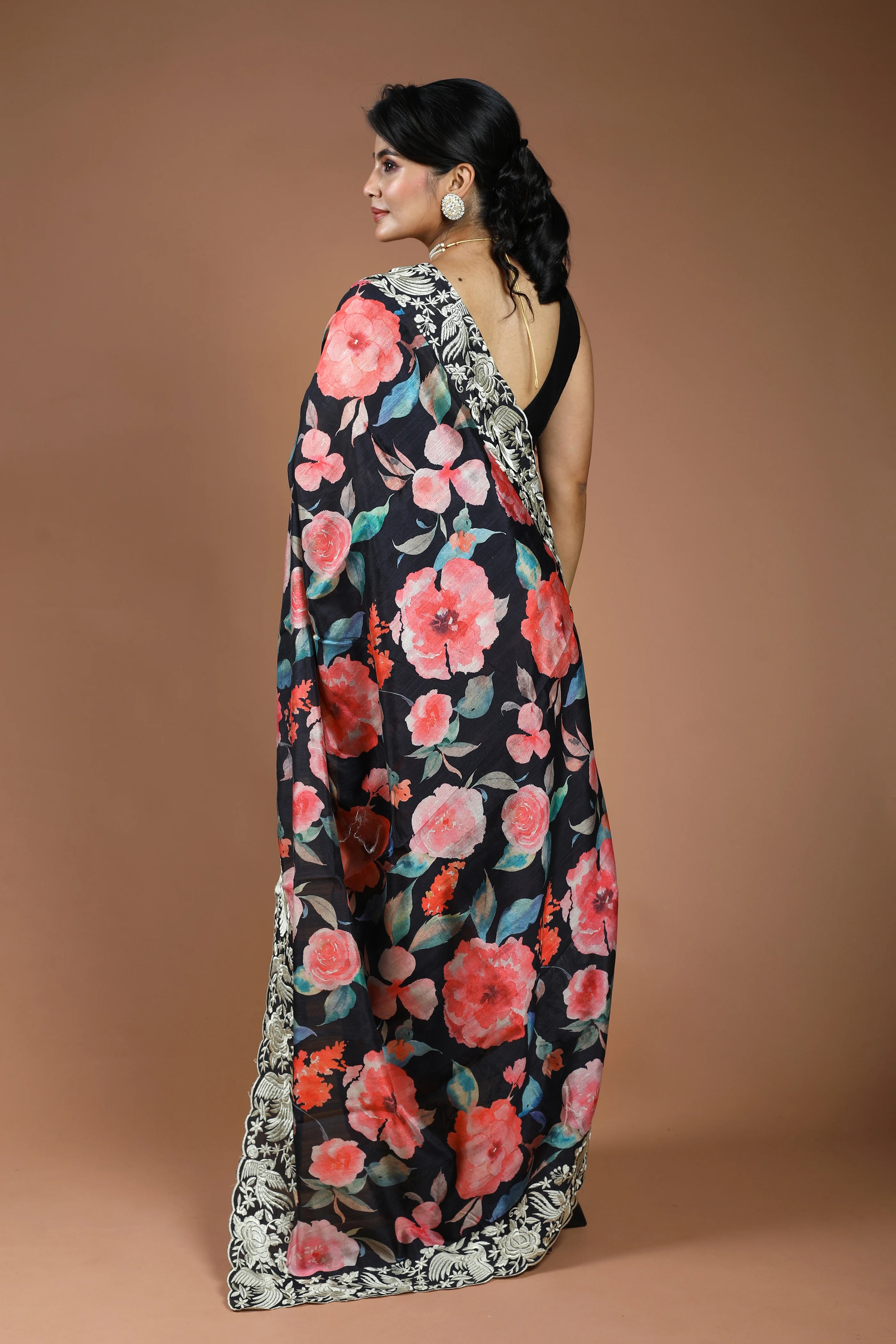 Black Semi Tussar Digitalprint Saree With Blouse Piece