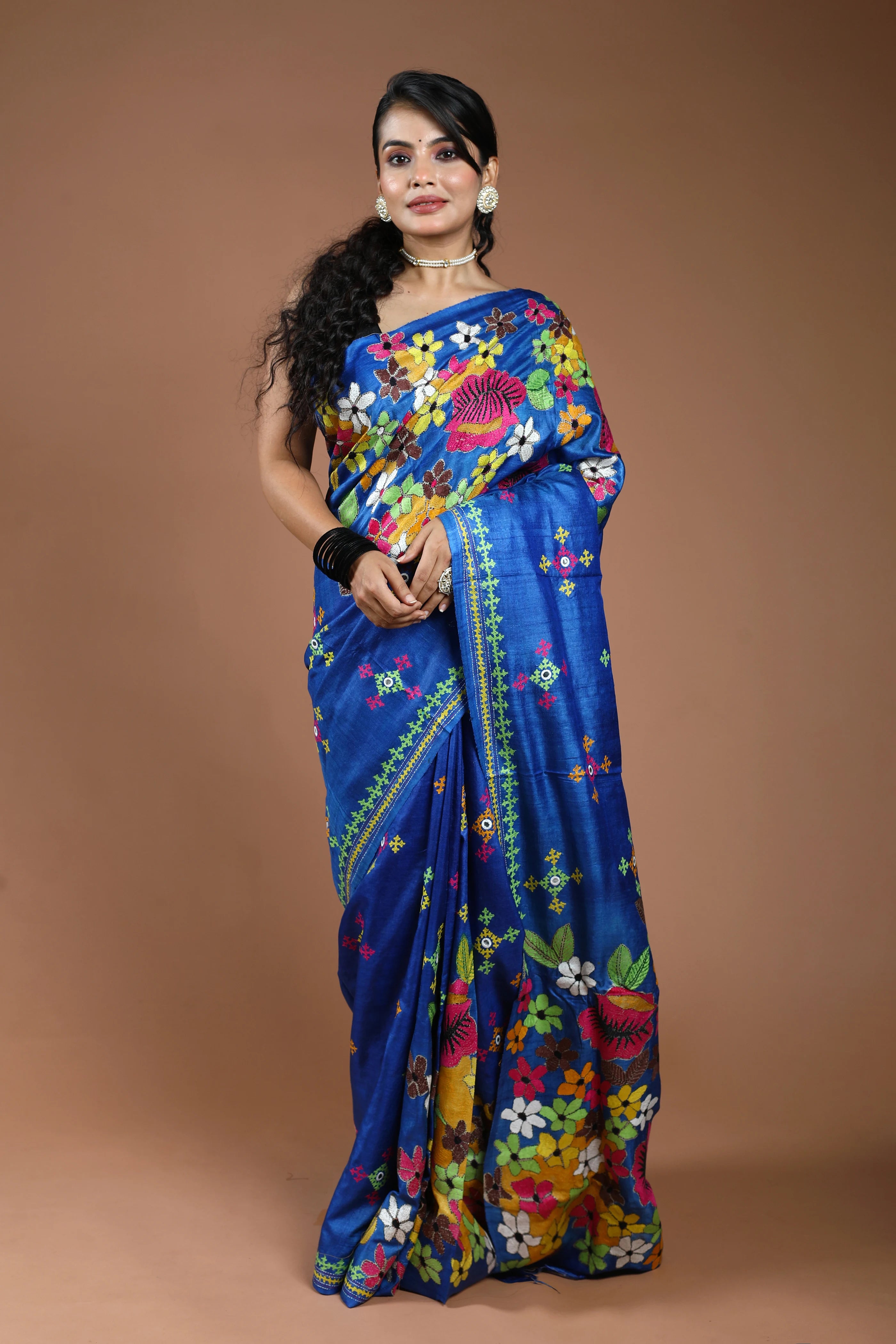 Blue Tussar Kantha Saree With Blouse Piece