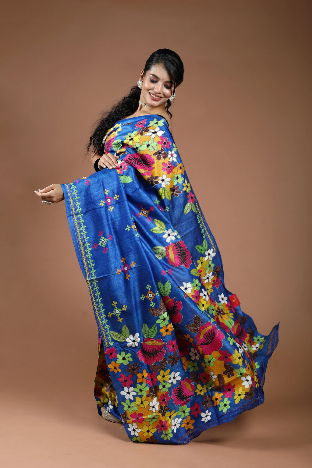 Blue Tussar Kantha Saree With Blouse Piece