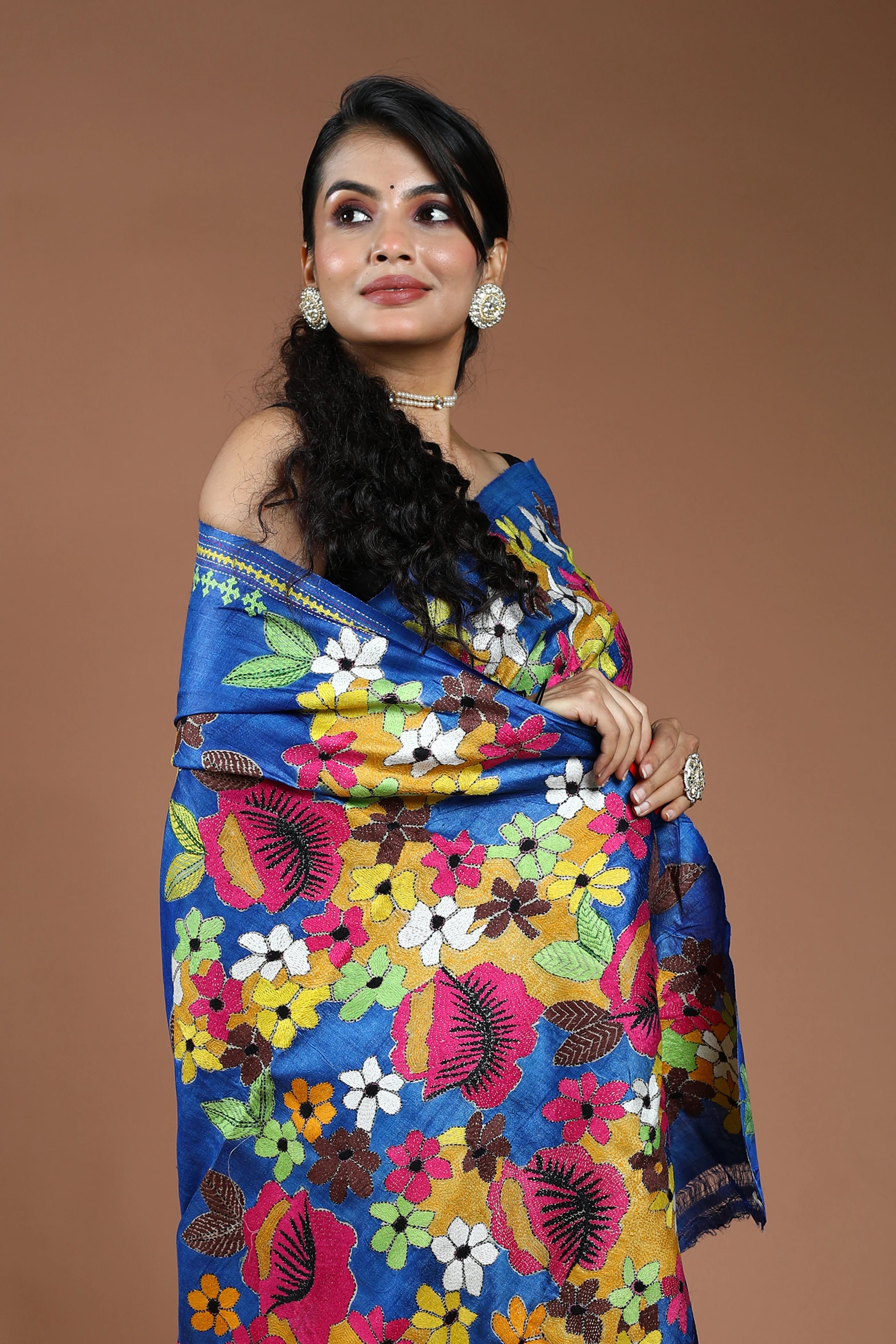 Blue Tussar Kantha Saree With Blouse Piece