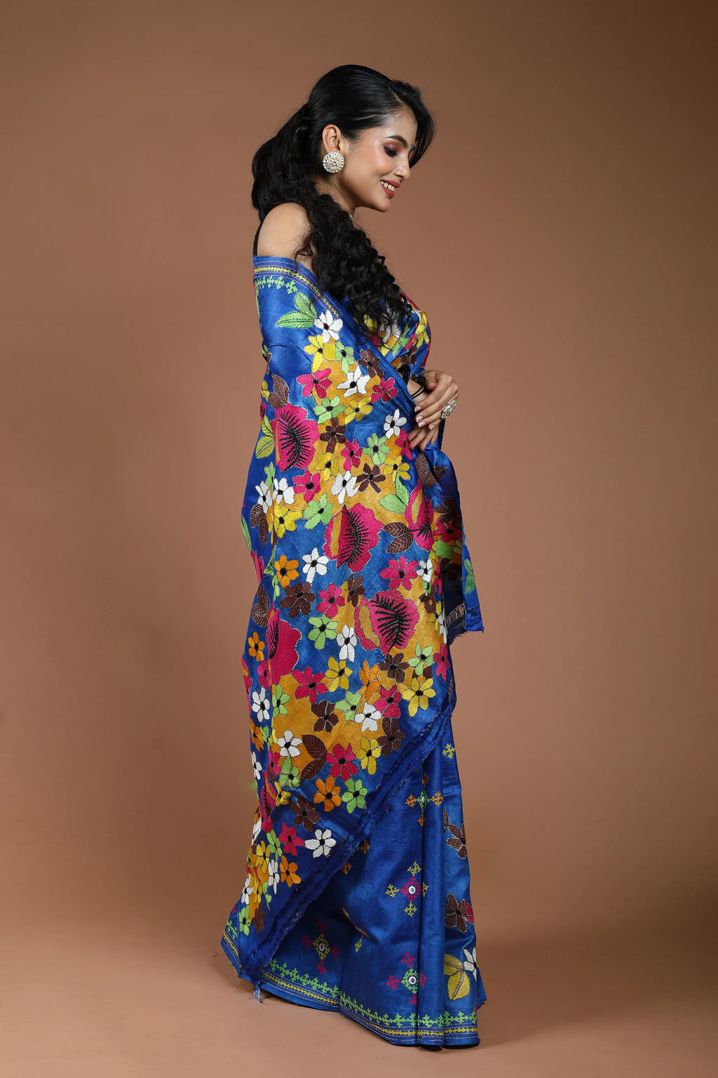 Blue Tussar Kantha Saree With Blouse Piece