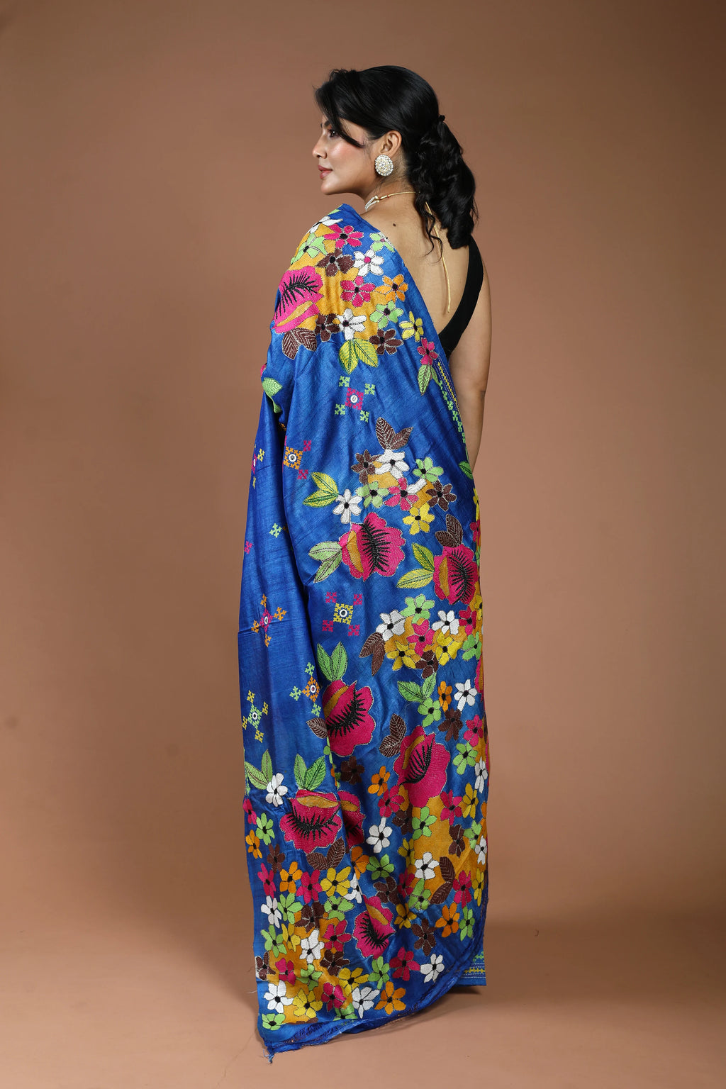 Blue Tussar Kantha Saree With Blouse Piece