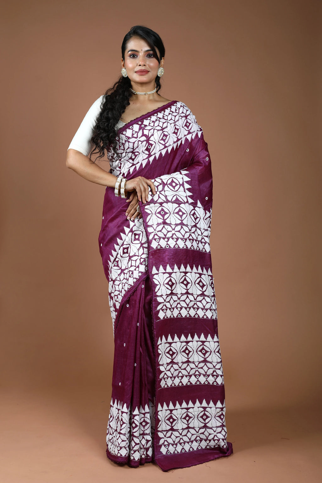 Purple Wine Tussar Kathiyawadi Saree With Blouse Piece