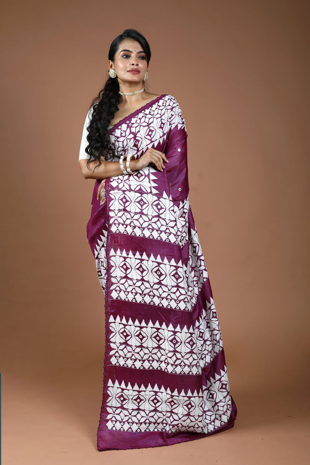Purple Wine Tussar Kathiyawadi Saree With Blouse Piece