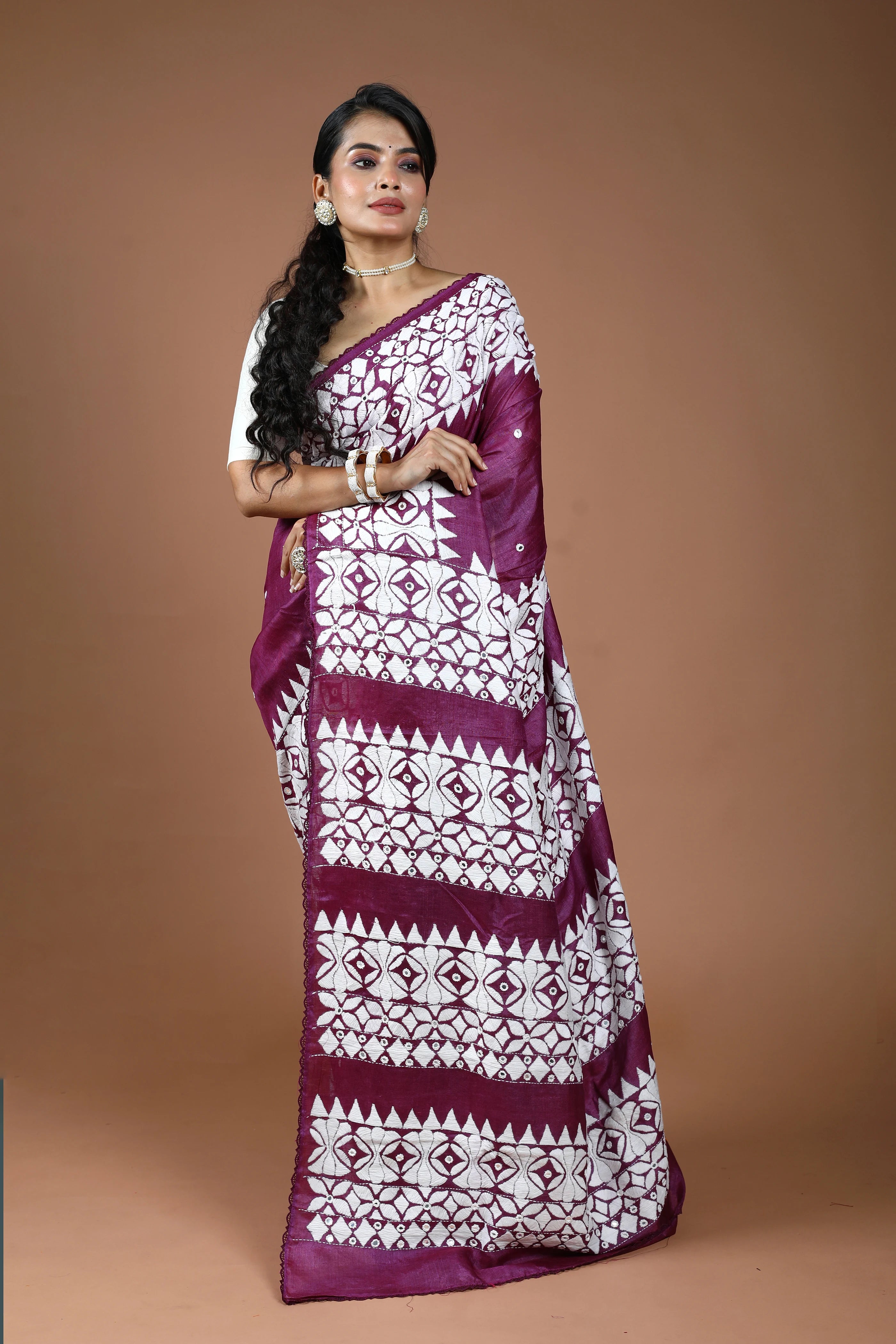 Purple Wine Tussar Kathiyawadi Saree With Blouse Piece