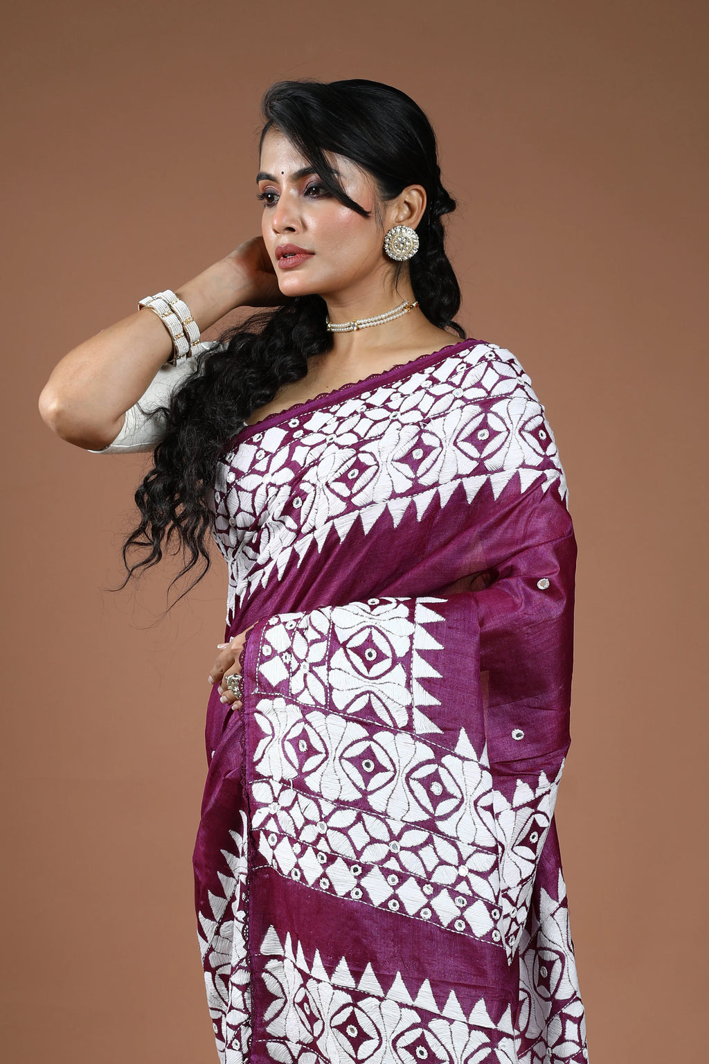 Purple Wine Tussar Kathiyawadi Saree With Blouse Piece