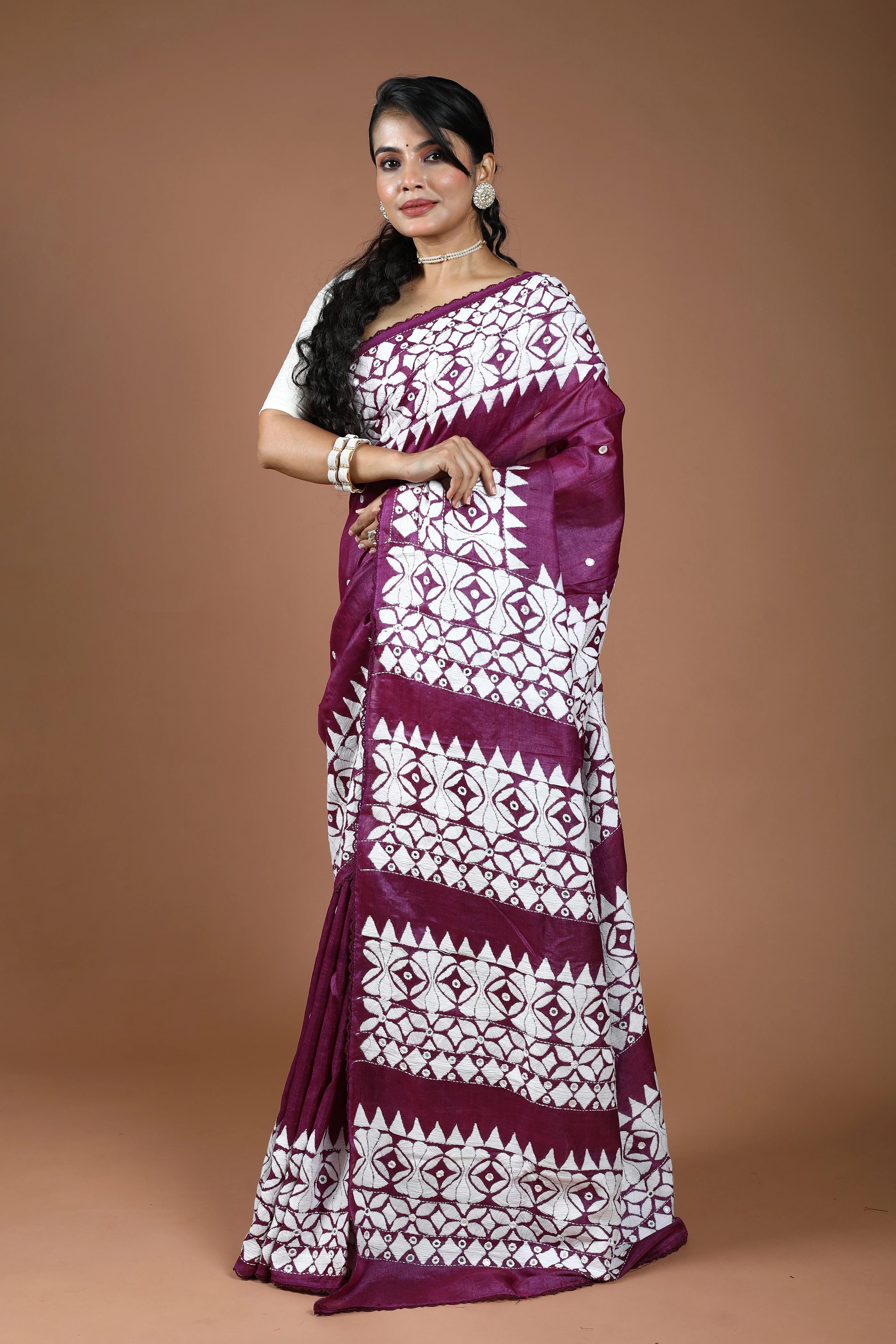 Purple Wine Tussar Kathiyawadi Saree With Blouse Piece