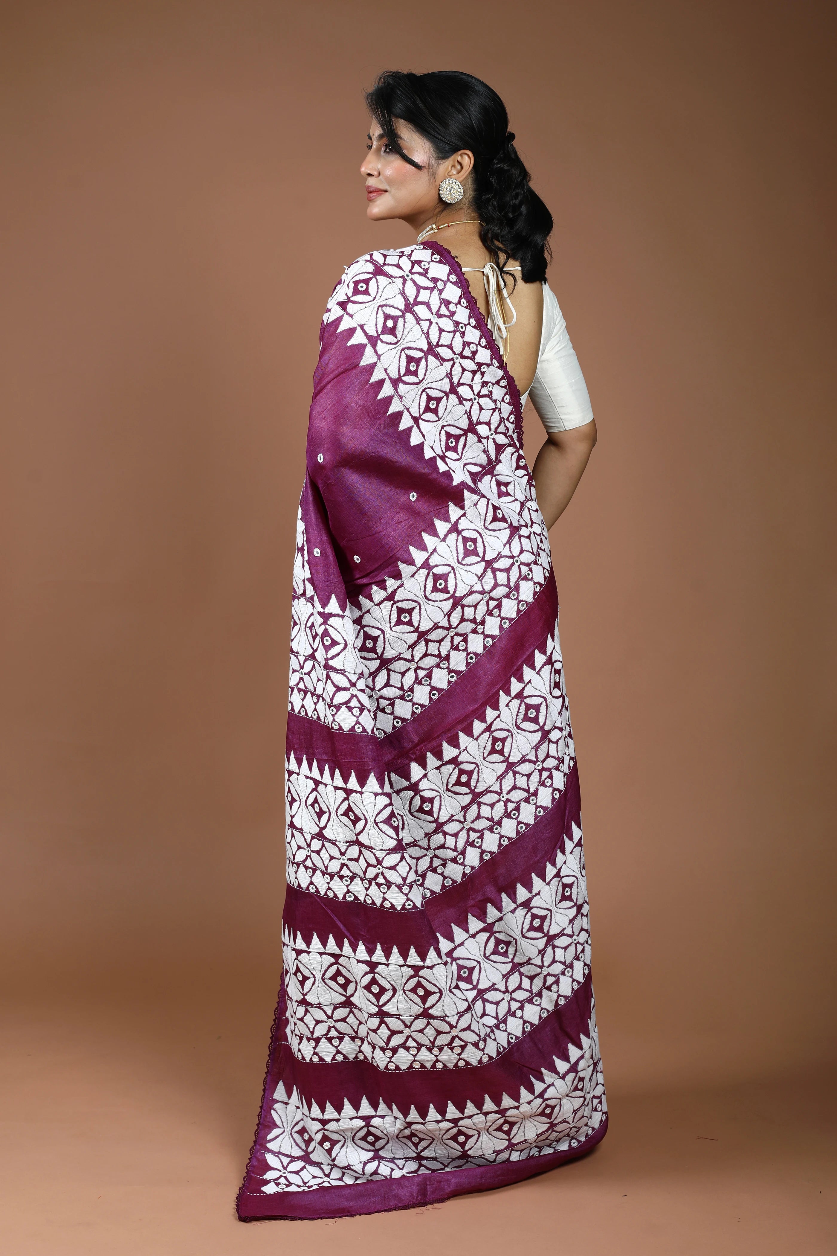 Purple Wine Tussar Kathiyawadi Saree With Blouse Piece
