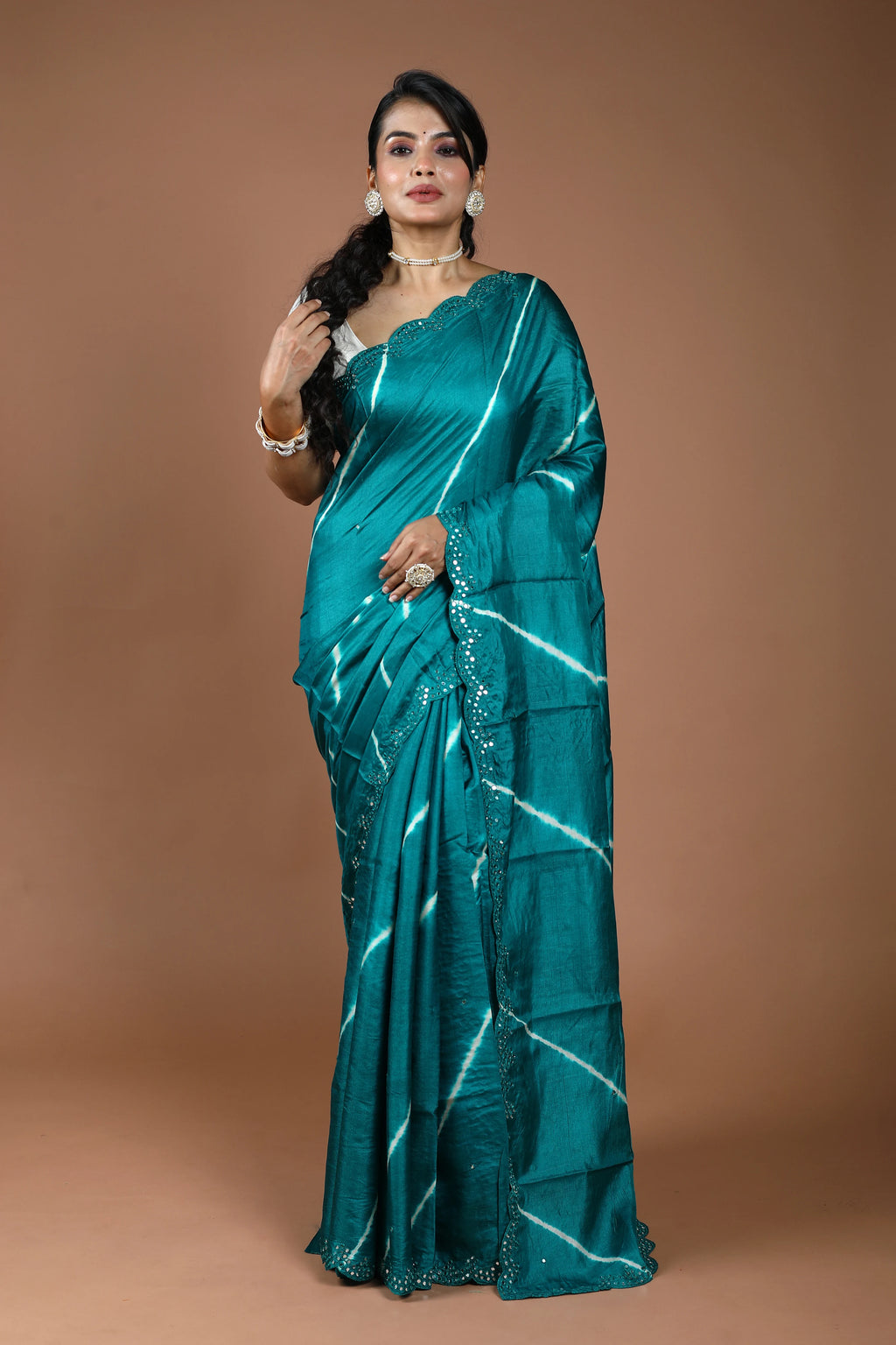 Teal Blue Pure Tussar Leheriya Saree With Blouse Piece