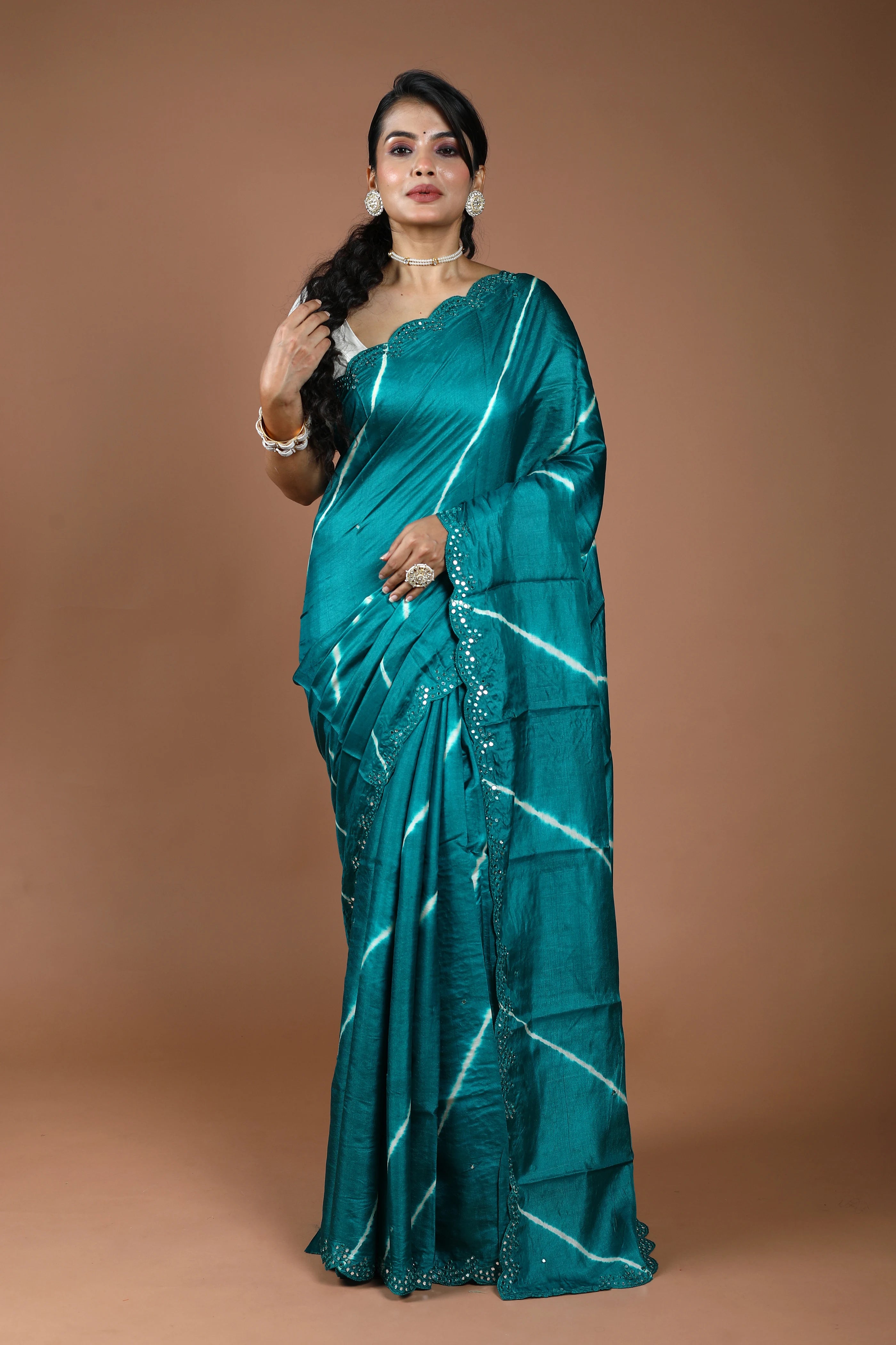 Teal Blue Pure Tussar Leheriya Saree With Blouse Piece