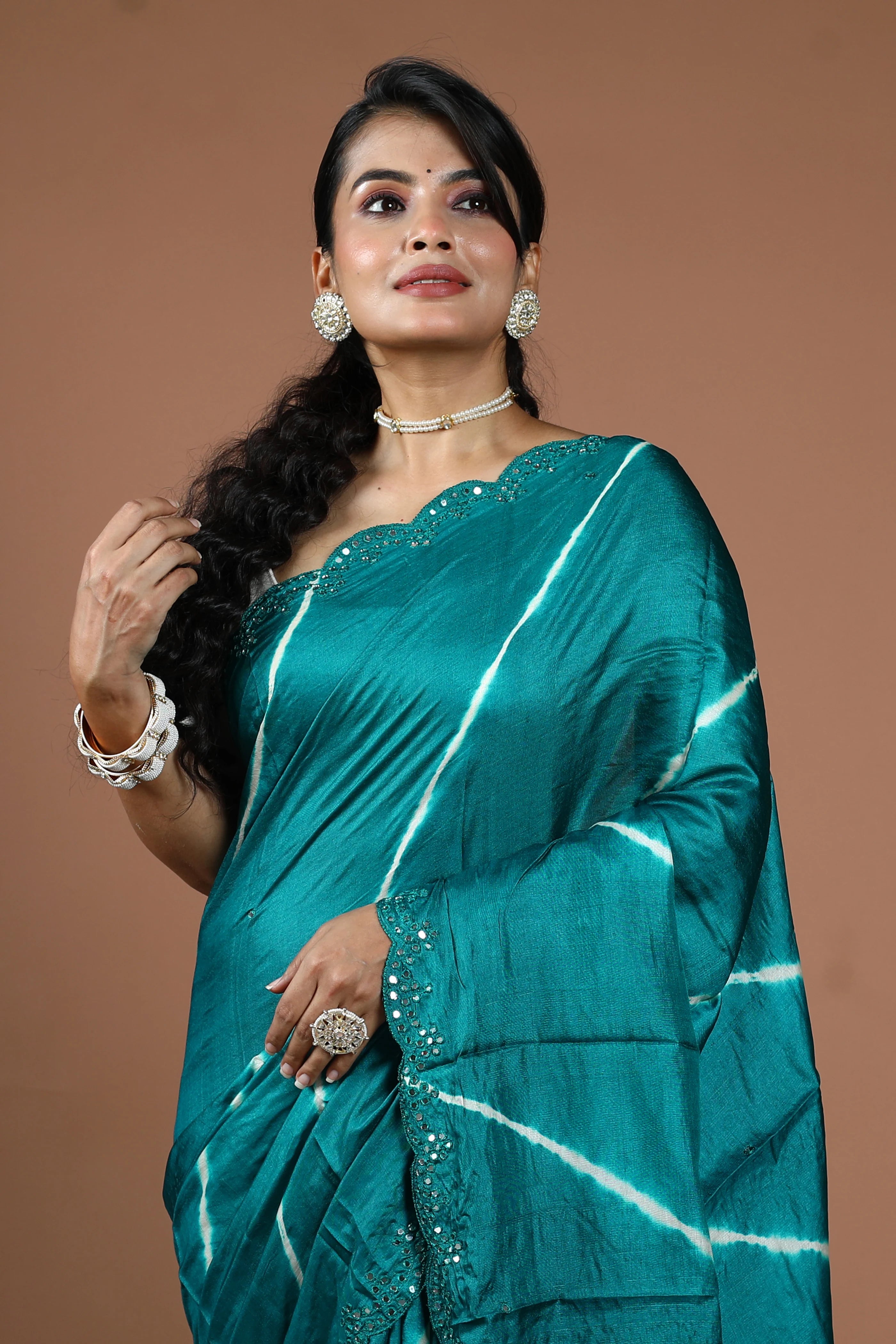 Teal Blue Pure Tussar Leheriya Saree With Blouse Piece