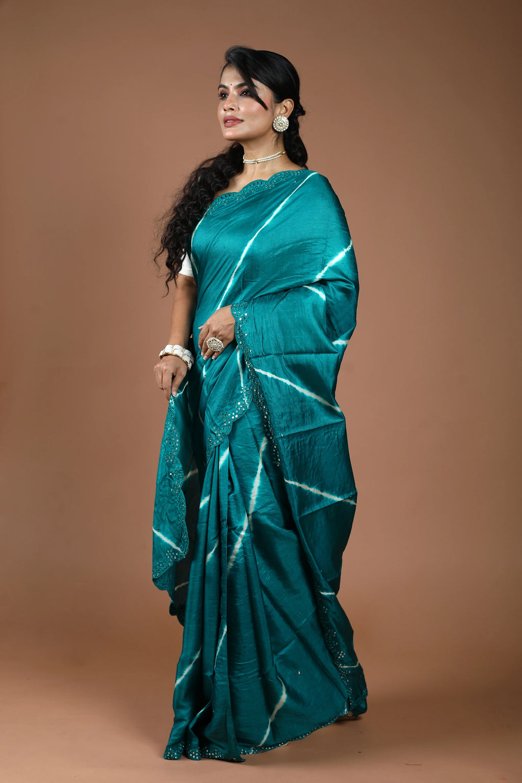 Teal Blue Pure Tussar Leheriya Saree With Blouse Piece