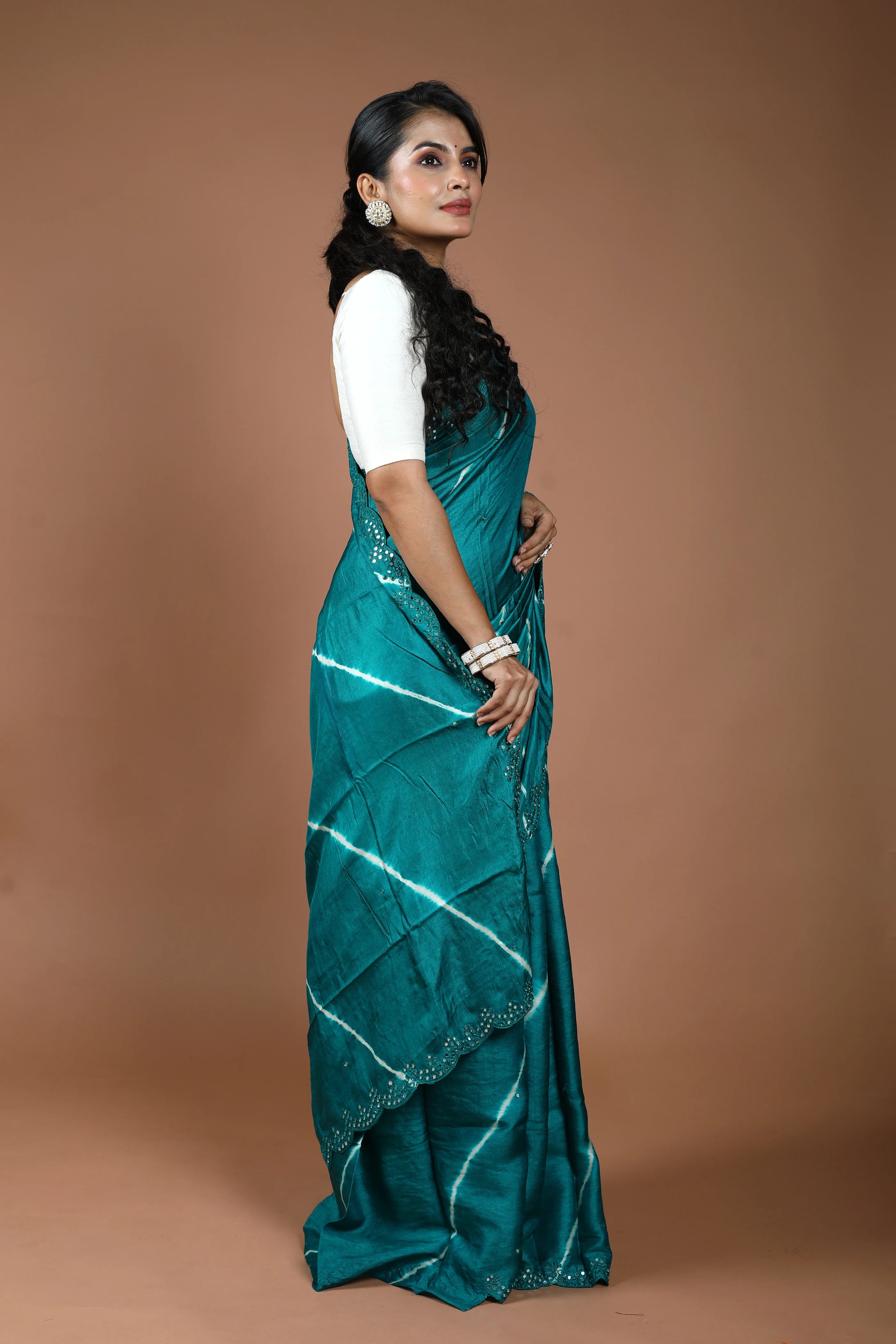 Teal Blue Pure Tussar Leheriya Saree With Blouse Piece