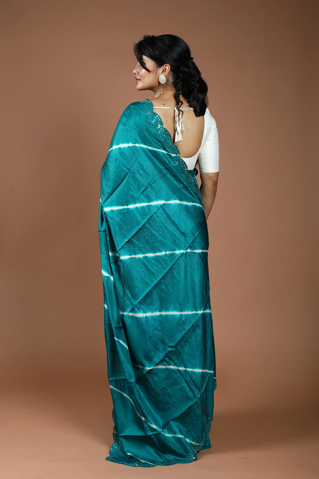 Teal Blue Pure Tussar Leheriya Saree With Blouse Piece
