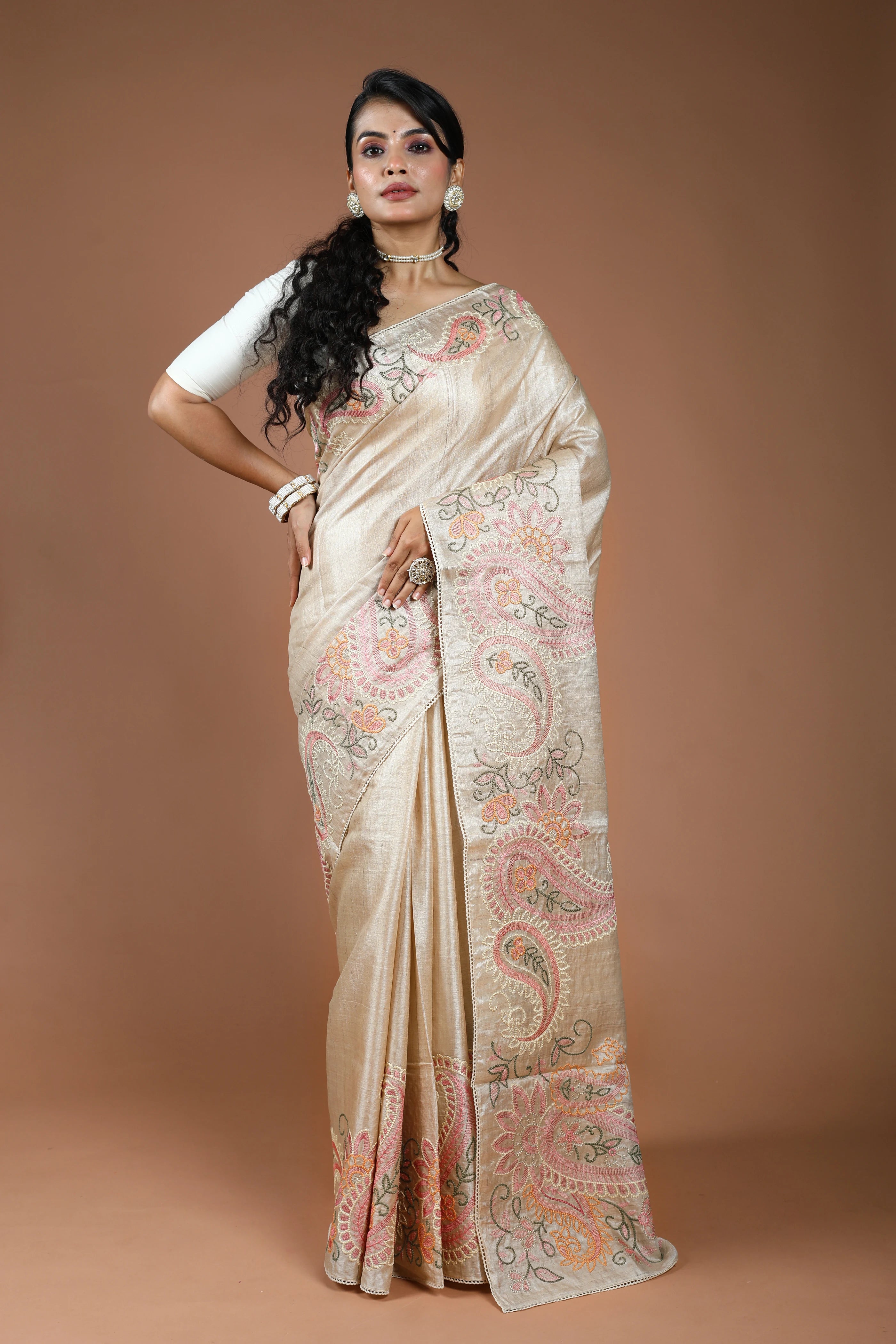 Coffee Cream Pure Tussar Embroidery Saree With Blouse Piece
