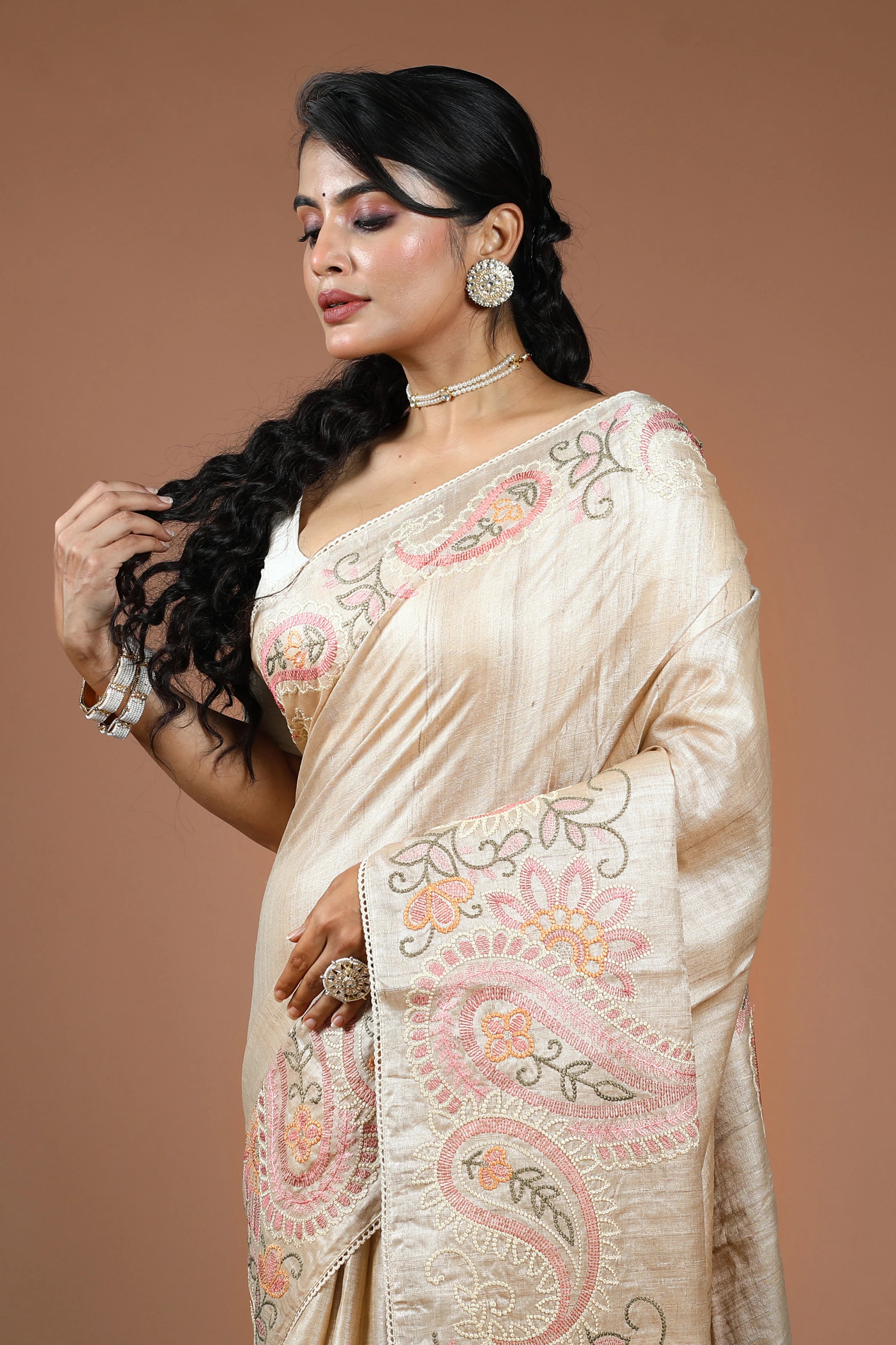 Coffee Cream Pure Tussar Embroidery Saree With Blouse Piece