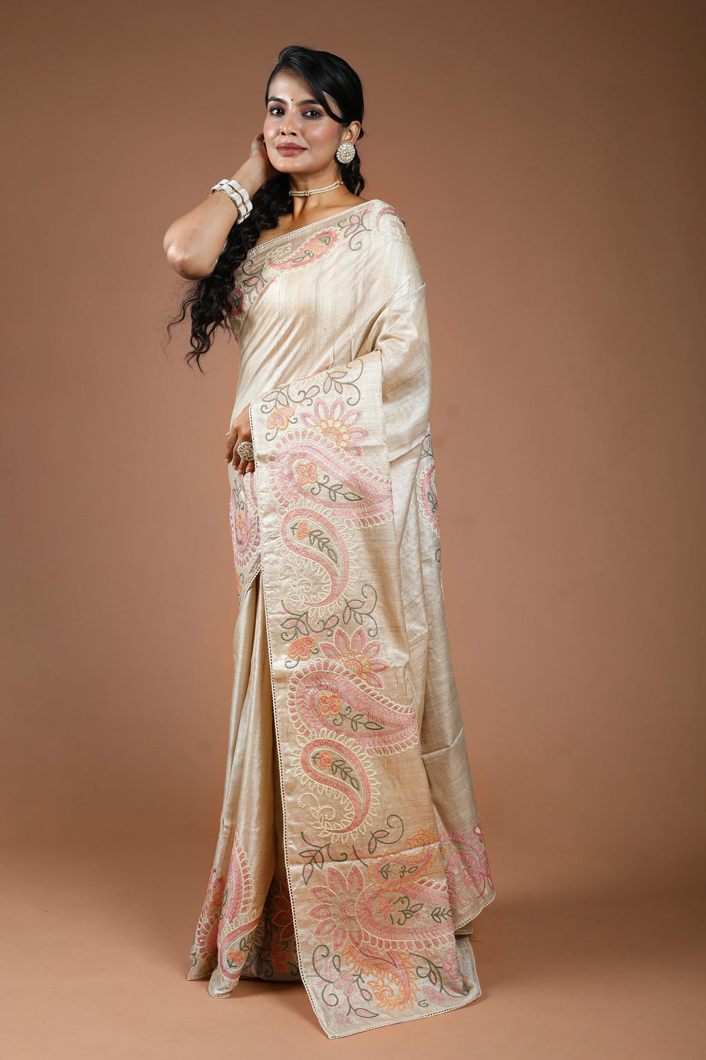 Coffee Cream Pure Tussar Embroidery Saree With Blouse Piece