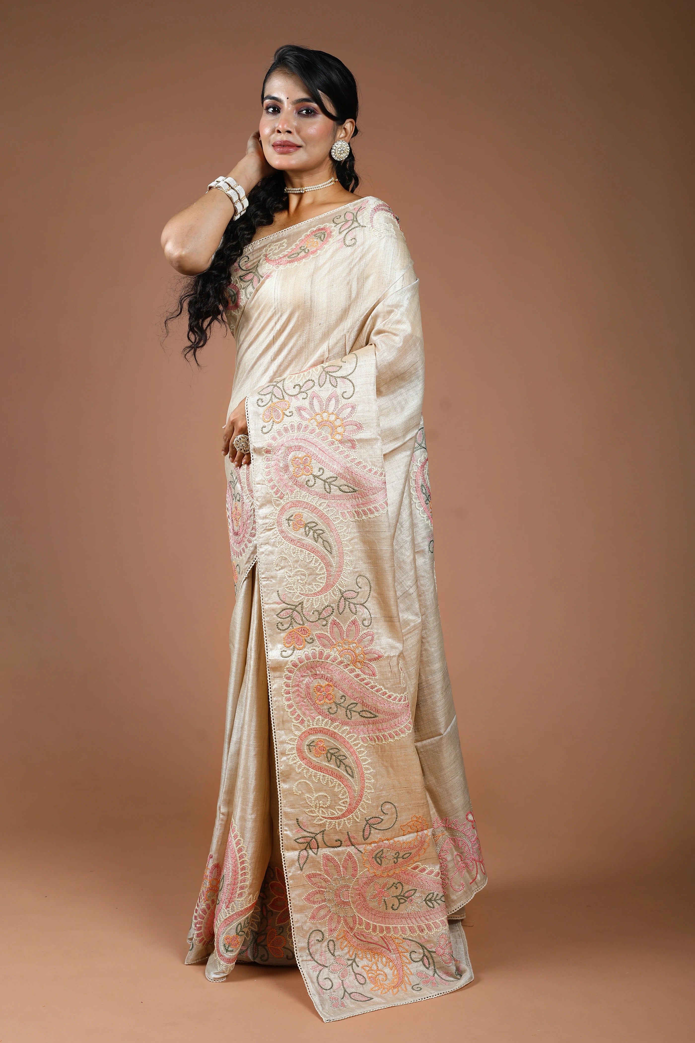 Coffee Cream Pure Tussar Embroidery Saree With Blouse Piece