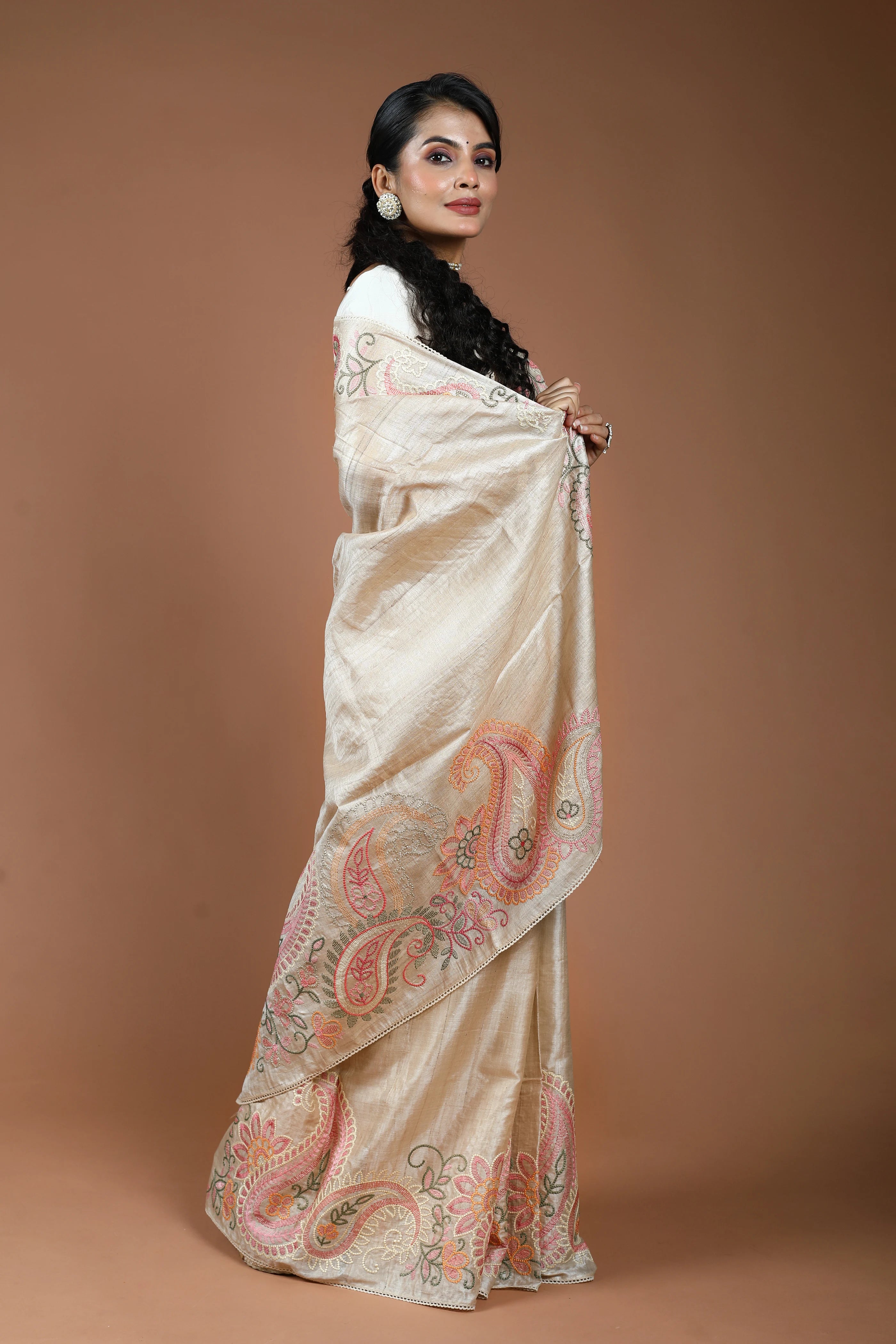 Coffee Cream Pure Tussar Embroidery Saree With Blouse Piece