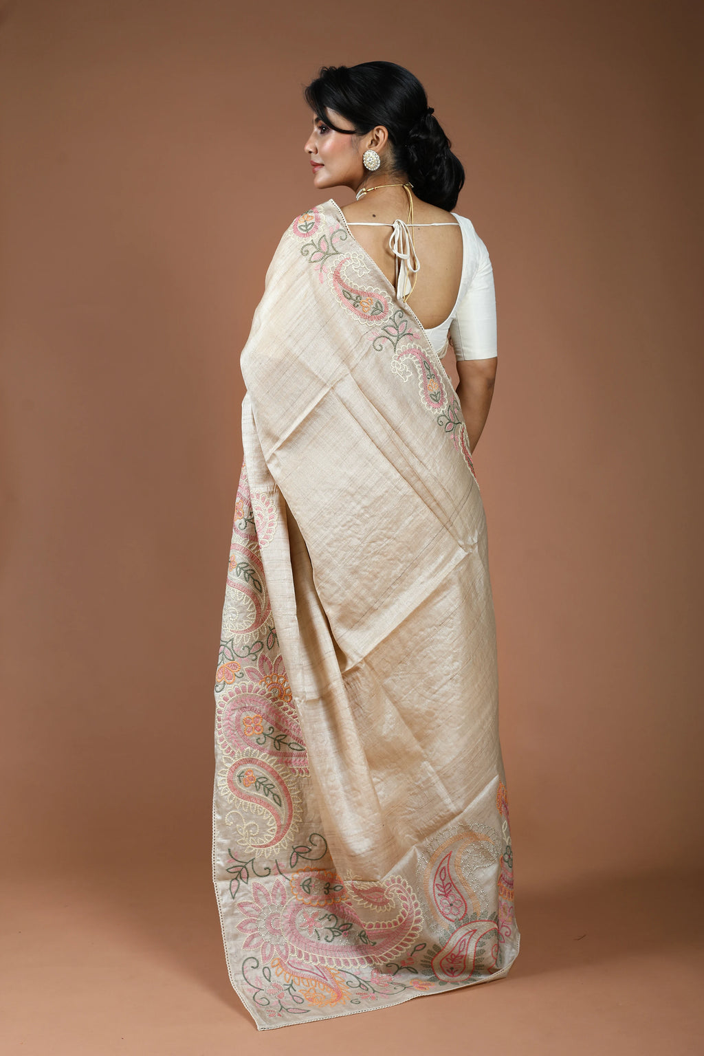 Coffee Cream Pure Tussar Embroidery Saree With Blouse Piece