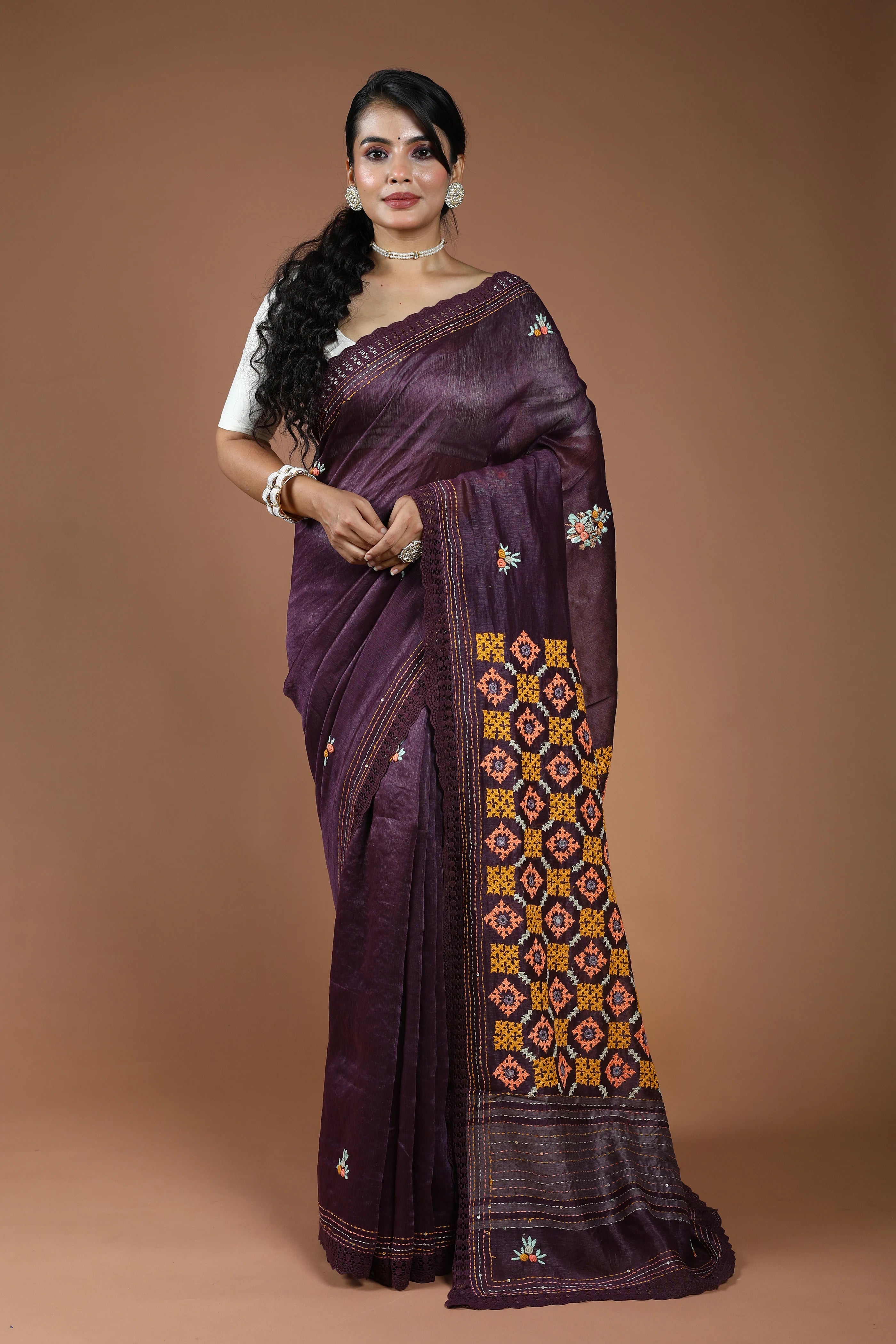 Violet Silk Linen Hand Gujarati Saree With Blouse Piece