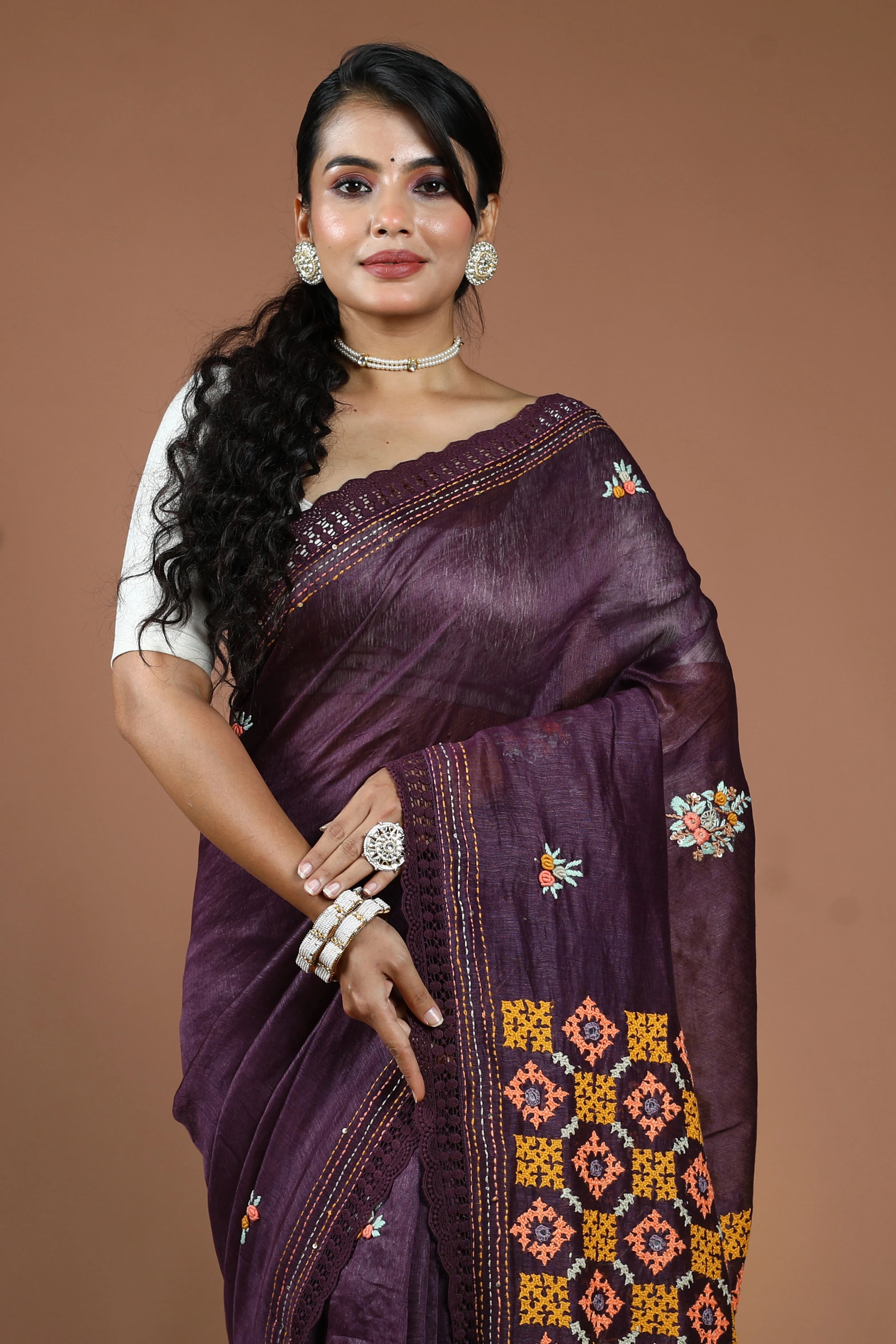 Violet Silk Linen Hand Gujarati Saree With Blouse Piece