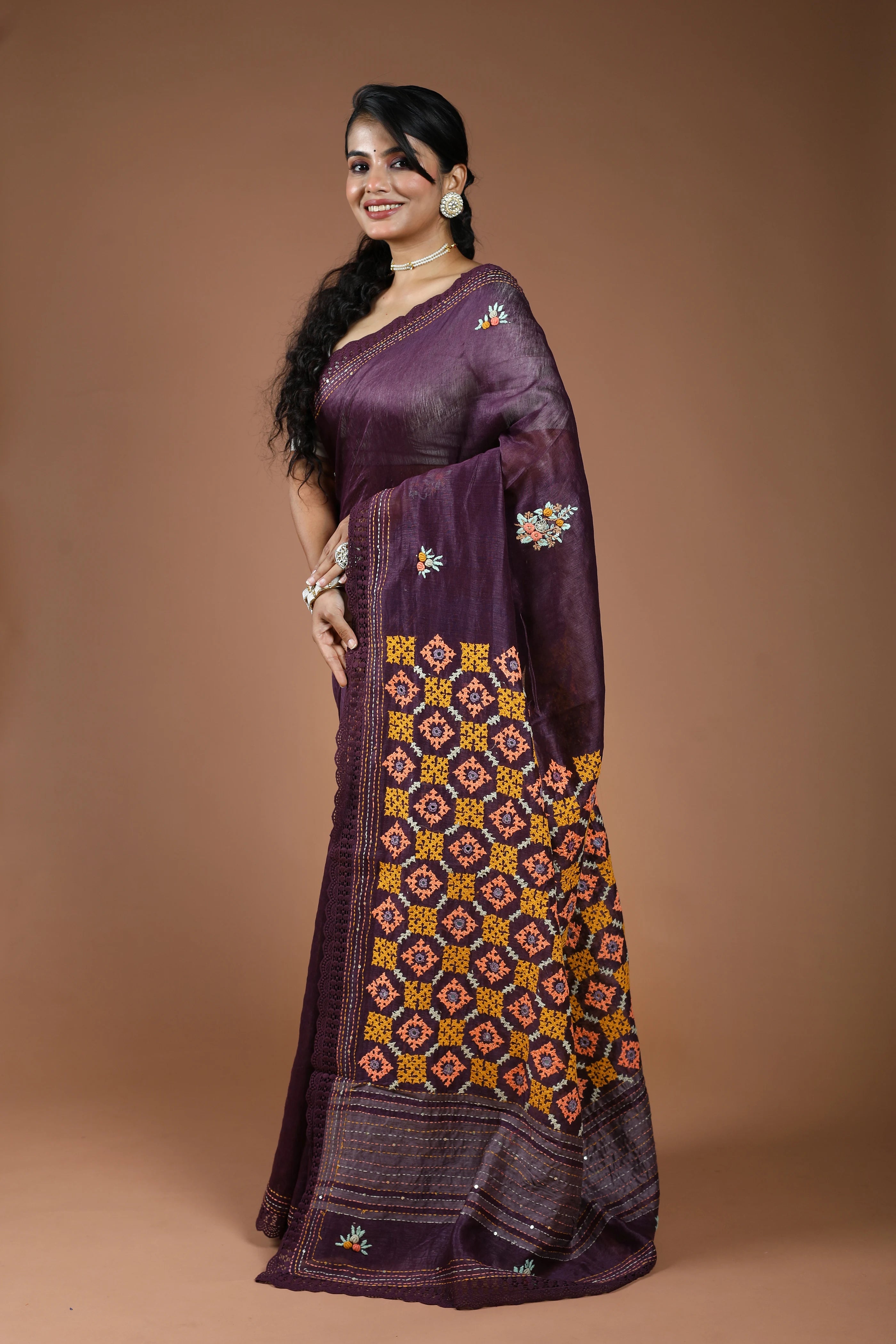 Violet Silk Linen Hand Gujarati Saree With Blouse Piece